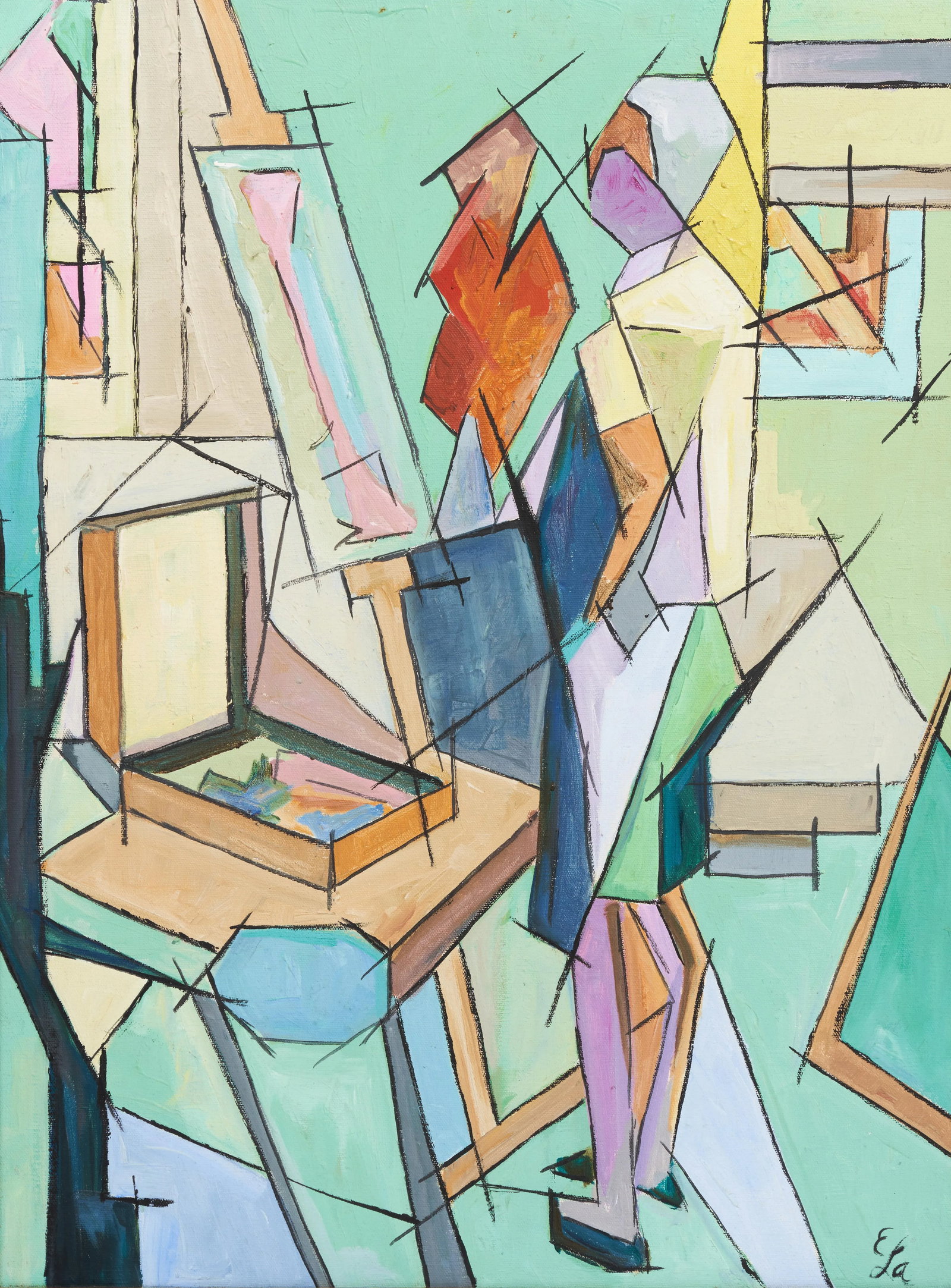 Vintage Mid-Century Cubist Original Signed Painting of Artist in Art Studio - 3