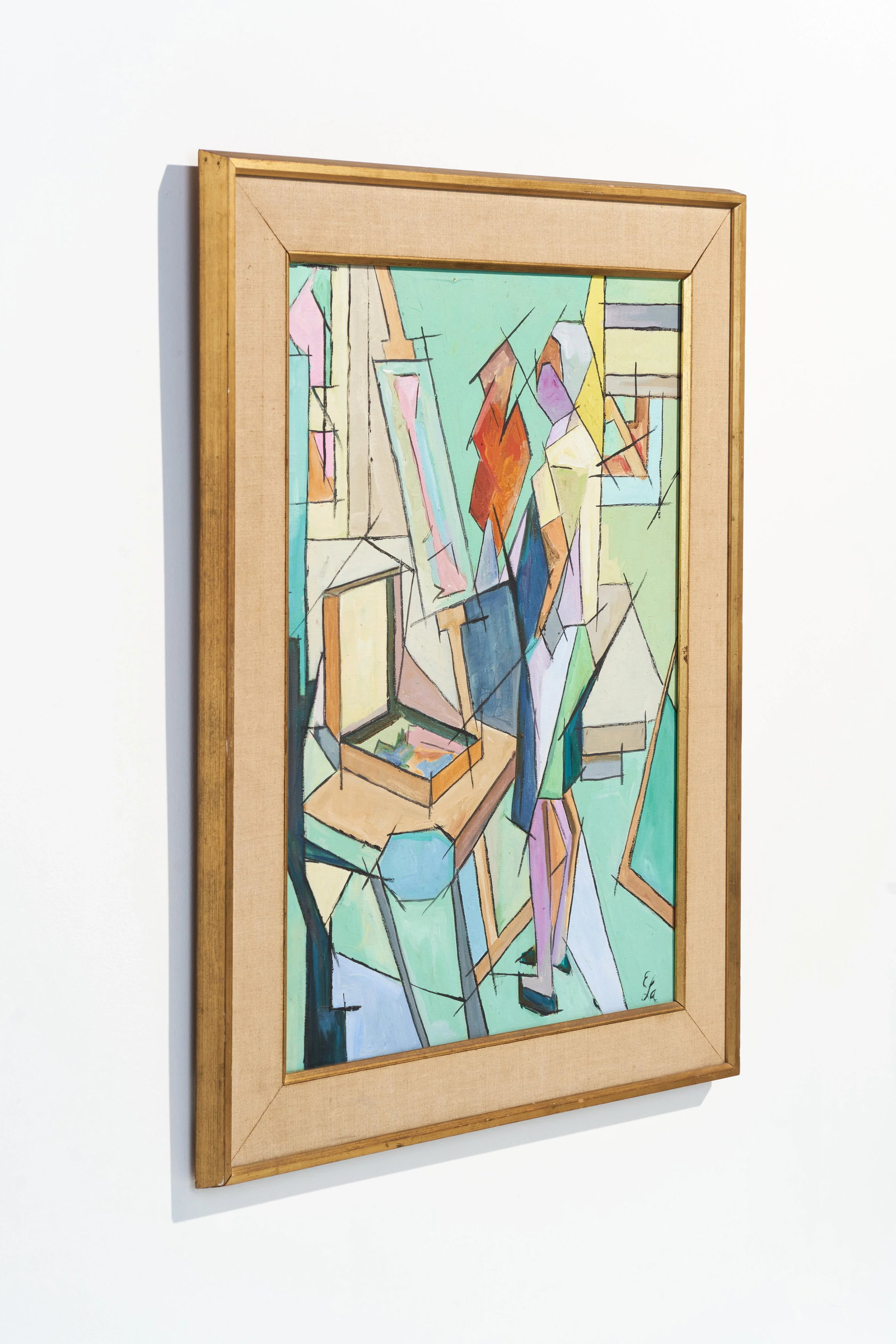 Vintage Mid-Century Cubist Original Signed Painting of Artist in Art Studio - 4