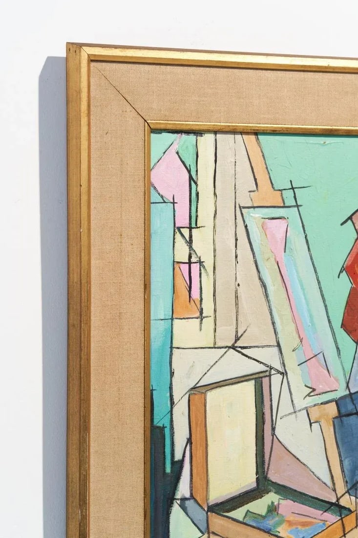 Vintage Mid-Century Cubist Original Signed Painting of Artist in Art Studio - 5