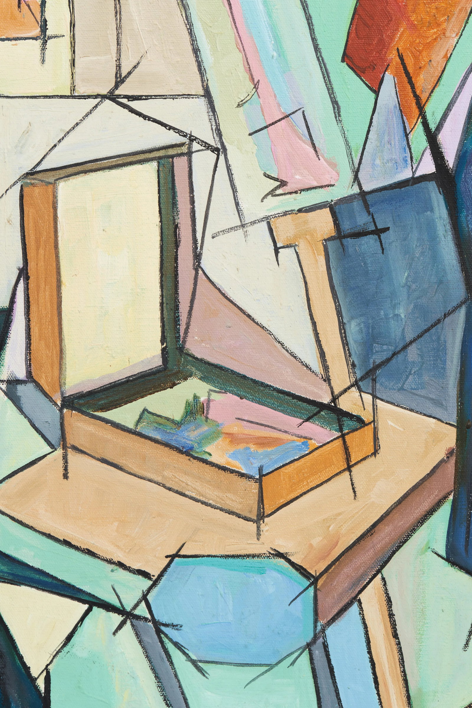Vintage Mid-Century Cubist Original Signed Painting of Artist in Art Studio - 6