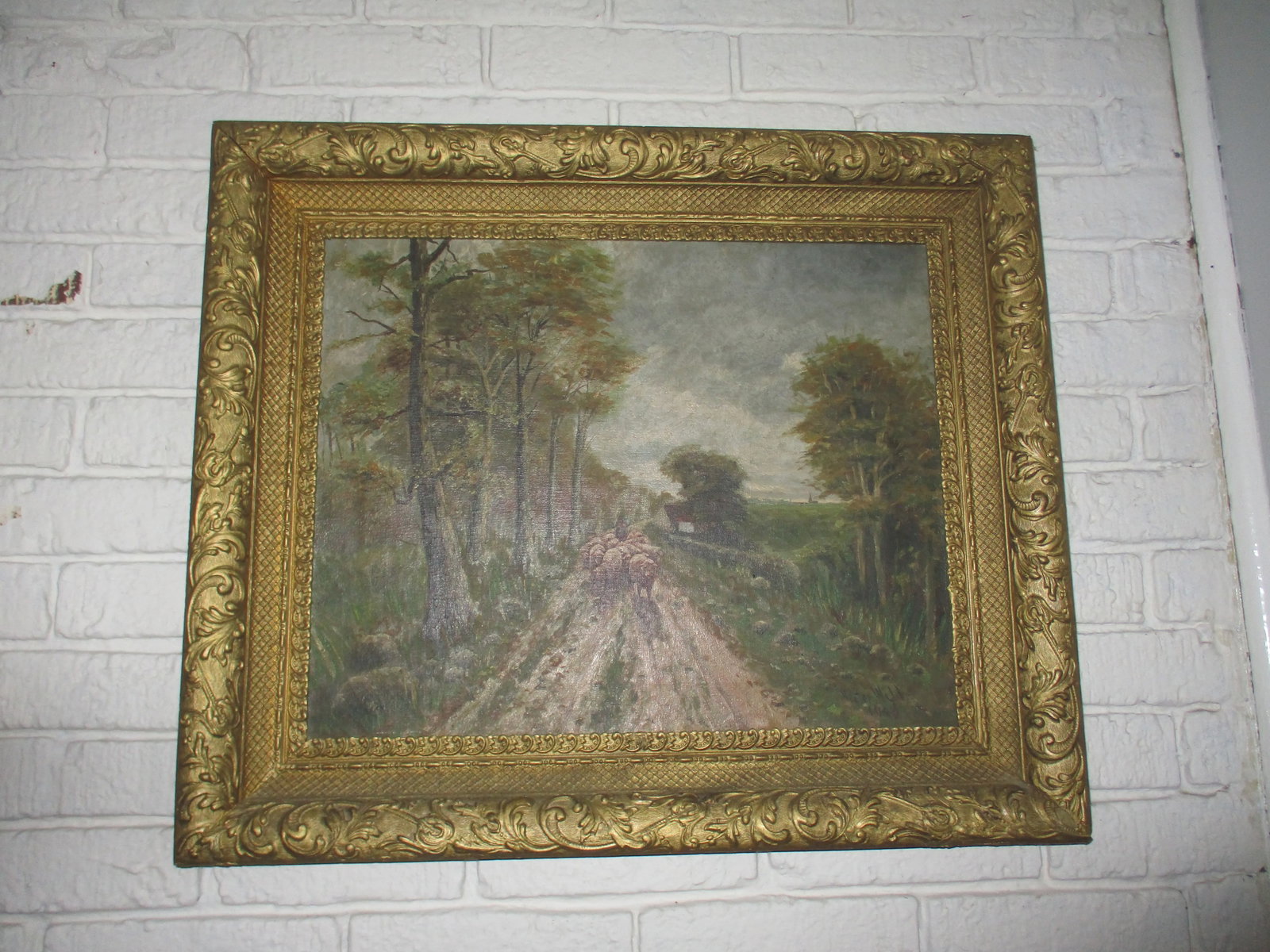 Antique Signed Victor Wild Oil Painting on Canvas "Sheep Down Old Country Road" Framed - 2