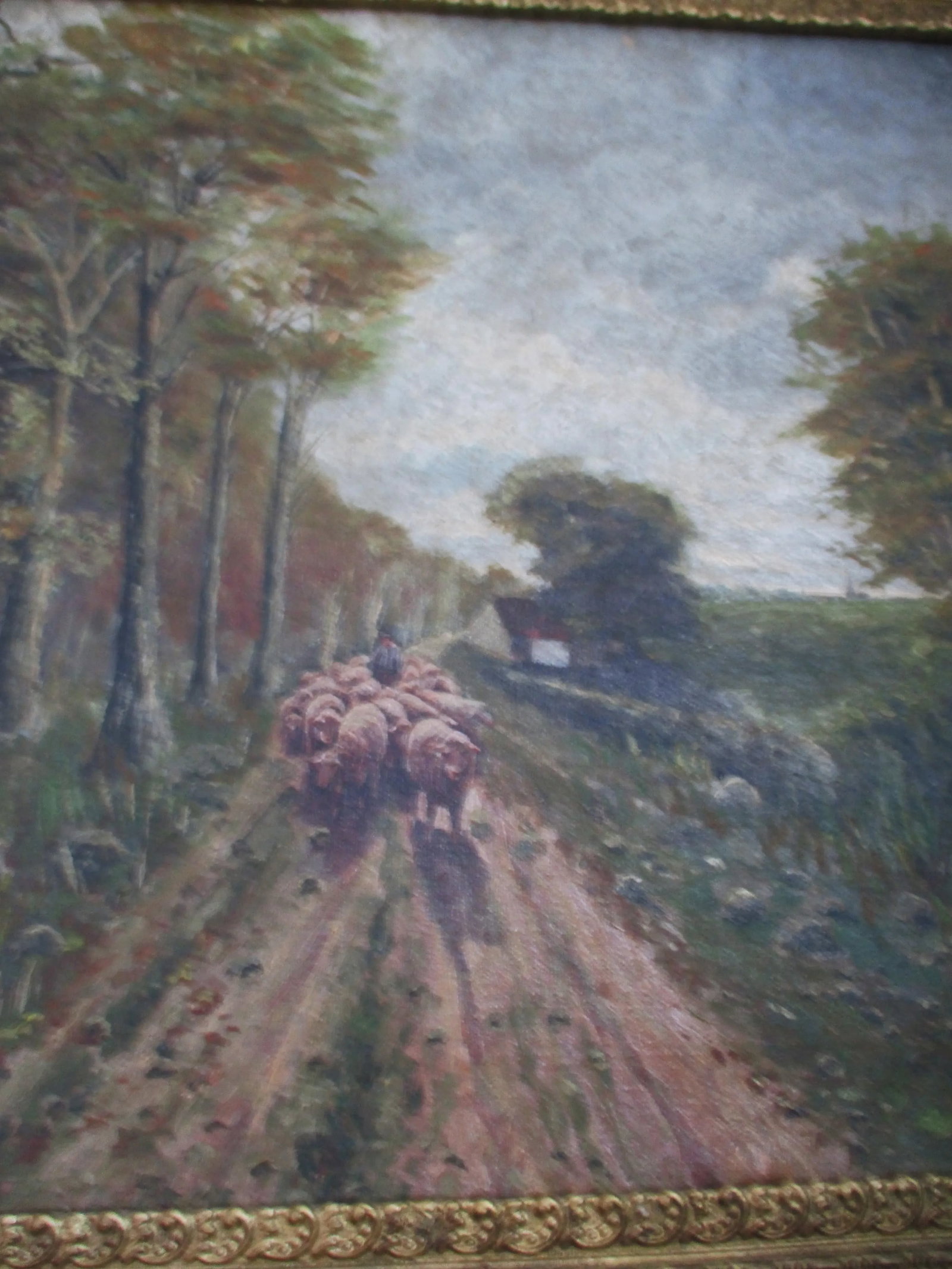 Antique Signed Victor Wild Oil Painting on Canvas "Sheep Down Old Country Road" Framed - 4