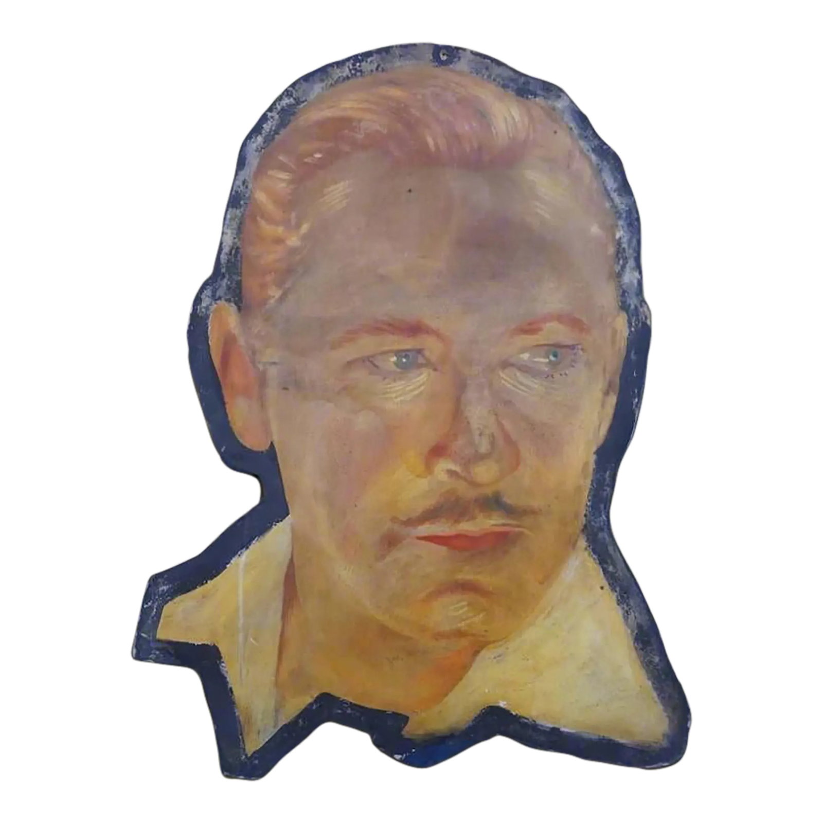 John Barrymore Cut-Out Movie Exhibition Display: Hand-painted cut-out of John Barrymore from a circa-1930 movie exhibition display. Beautifully rendered with moody shading that brings depth and expression to his face. The reverse side features an