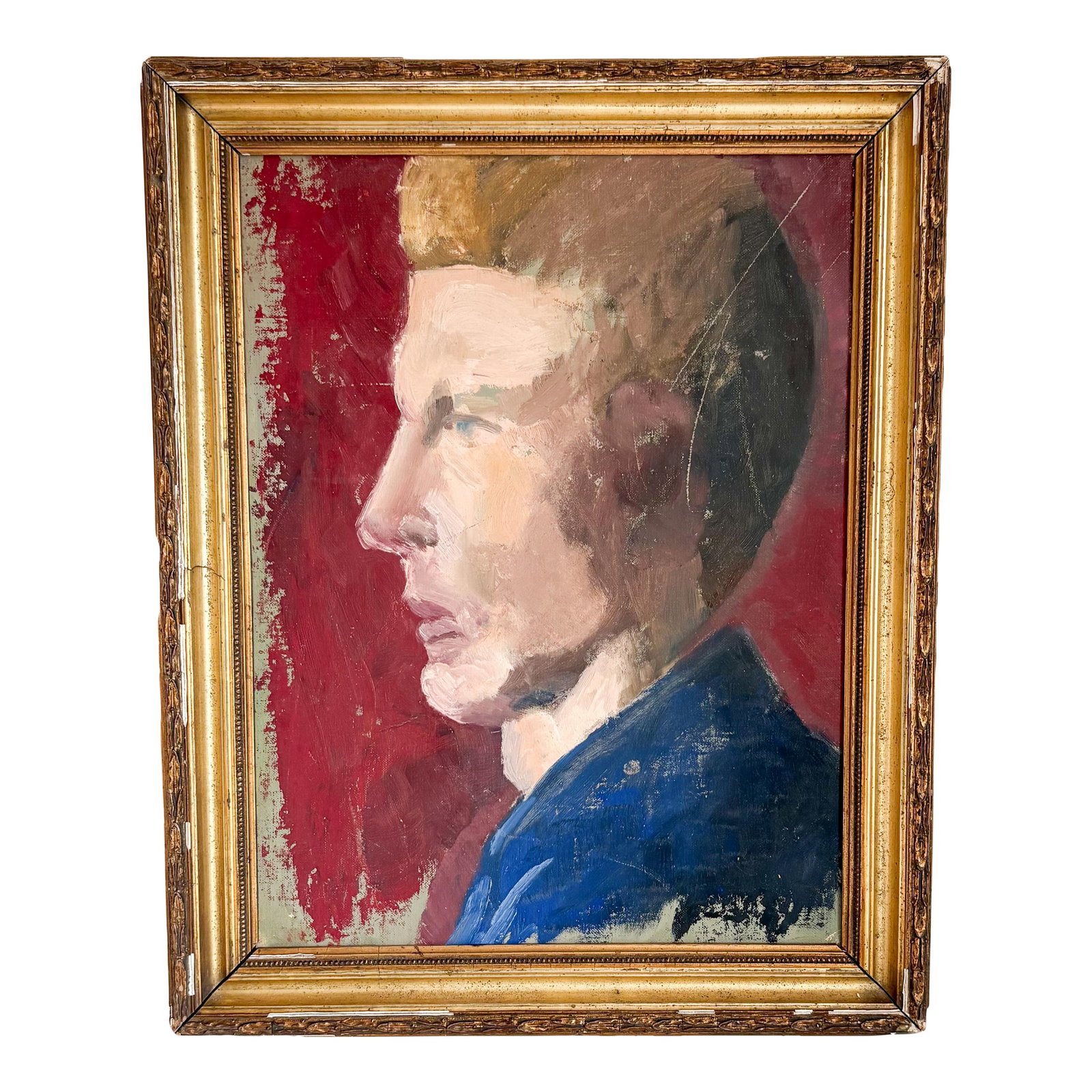 1960s Weathered Vintage Silhouette Portrait Painting of a Man: This midcentury portrait on canvas board is truly captivating and with its unique color palette, draws the viewer in to have a second and third look. Silhouette portrait has a loose painterly quality 