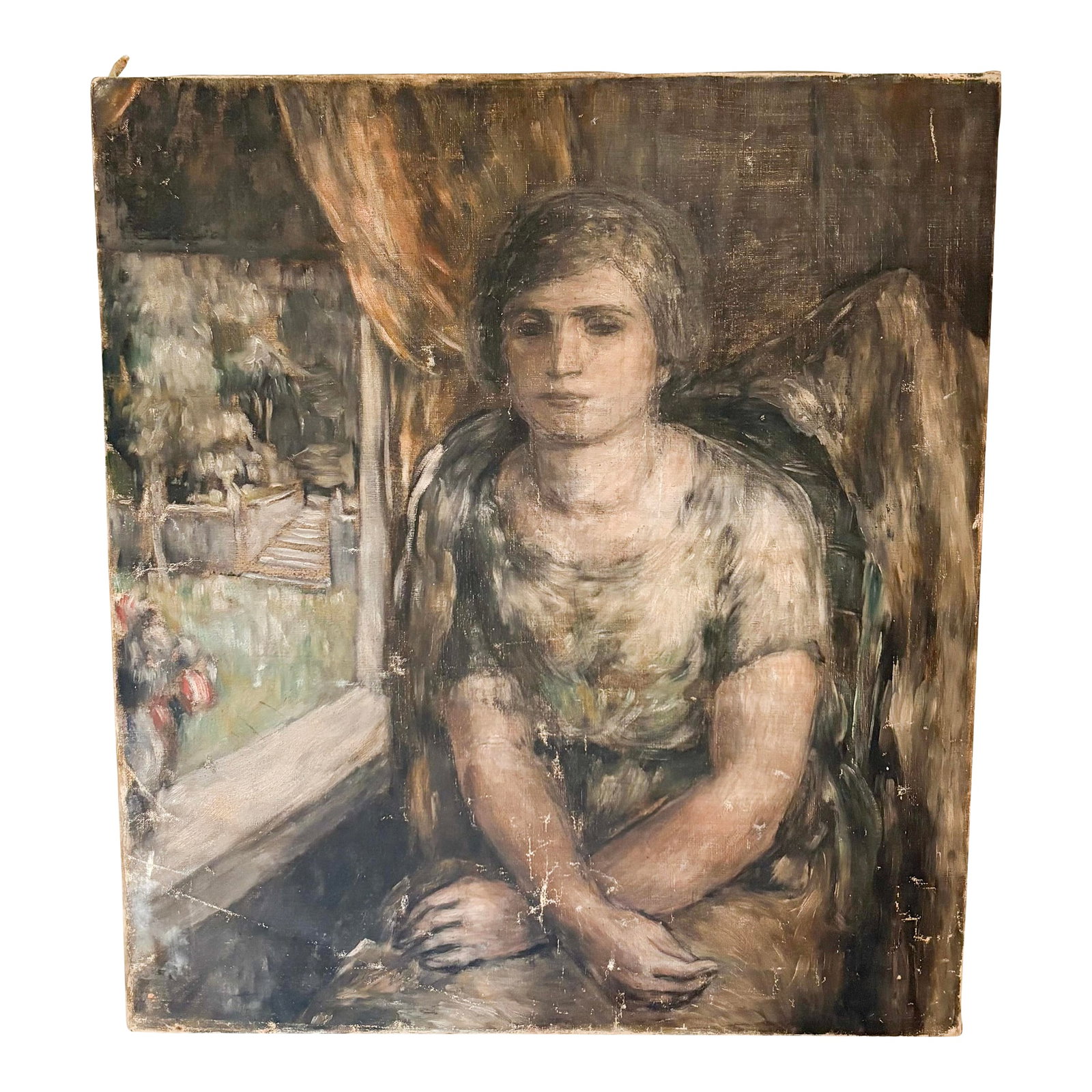 Weathered Late 1800's Portrait of a Young Woman, Antique Stretched Moody Portrait on Canvas: This unframed portrait depicts a young woman posting next to a window in a chair. Her facial expression sullen, she seems as if she'd rather be doing anything than posing for a portrait. Piece is stre