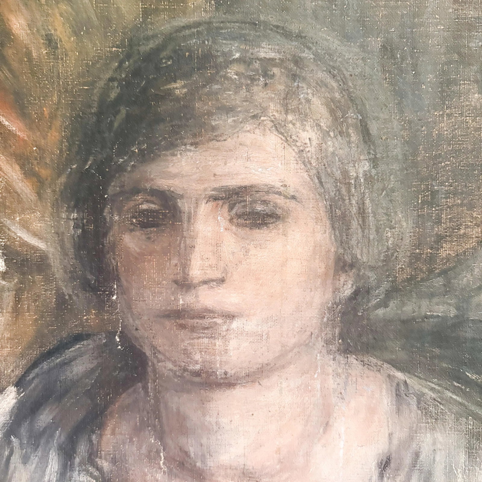 Weathered Late 1800's Portrait of a Young Woman, Antique Stretched Moody Portrait on Canvas - 2