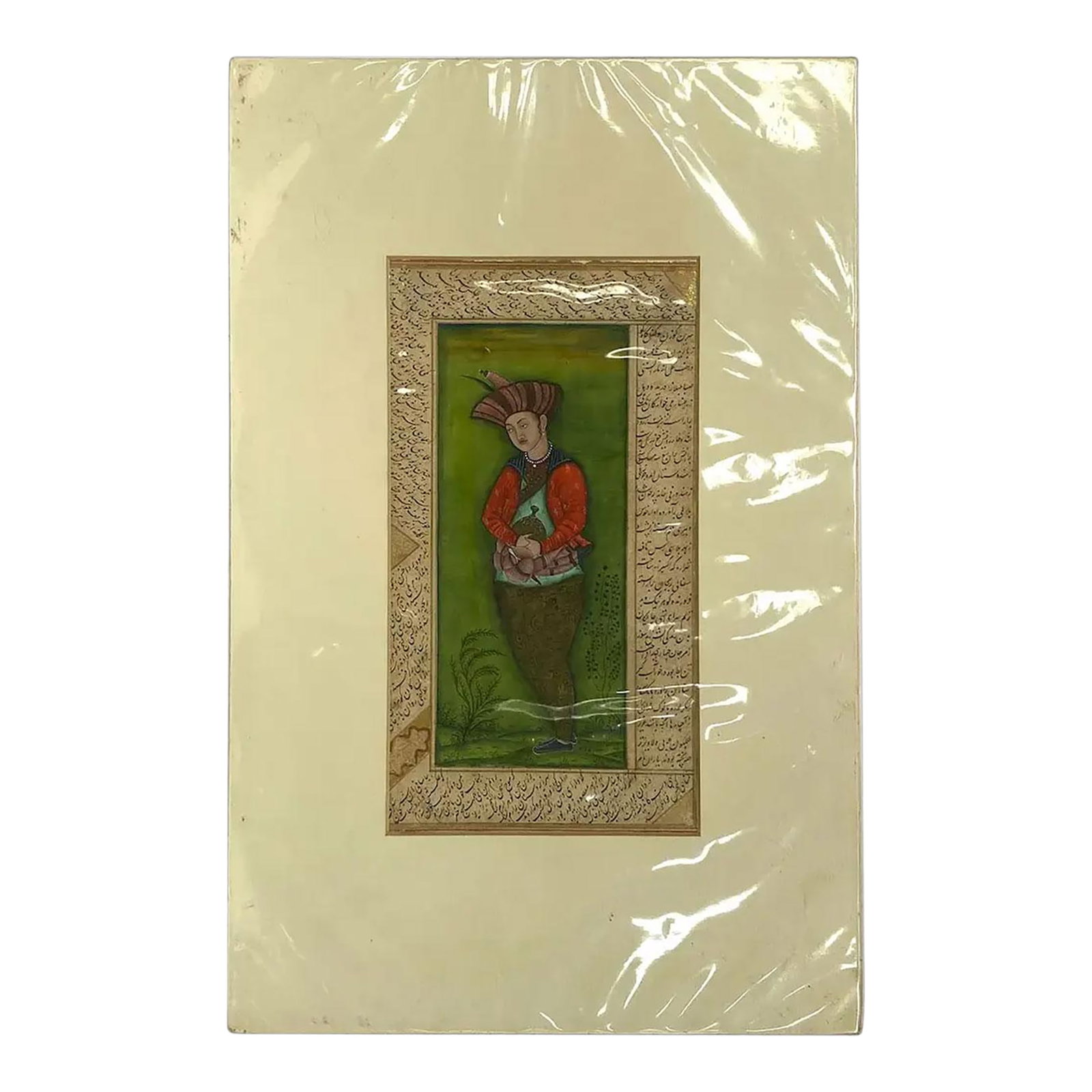 Persian Safavid Manner Gilt and Tempera Manuscript Painting, Portrait of a Prince (1 of 12)