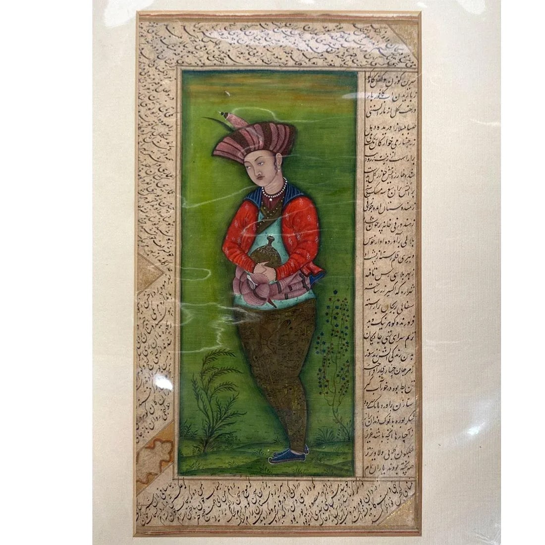 Persian Safavid Manner Gilt and Tempera Manuscript Painting, Portrait of a Prince - 4