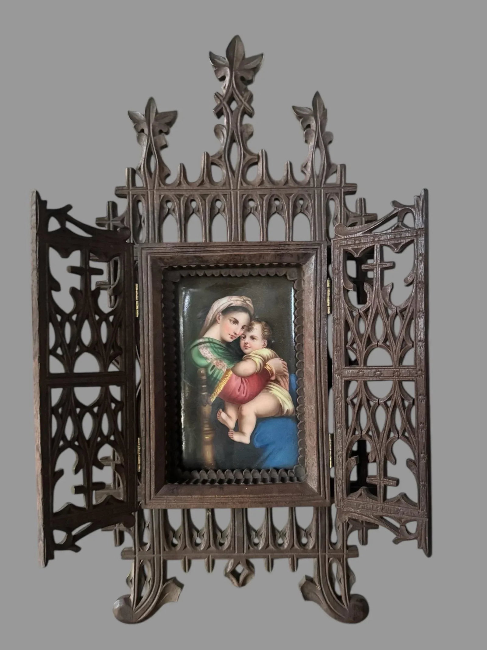 Antique Victorian Hand Painted Porcelain Plaque of Madonna & Child in Easel Back Carved Walnut Frame - 10