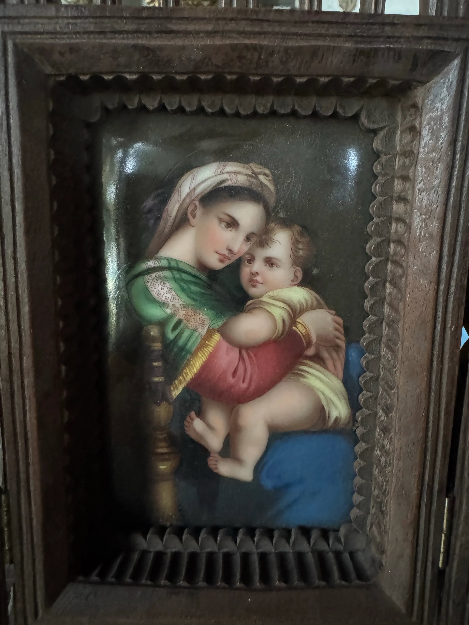 Antique Victorian Hand Painted Porcelain Plaque of Madonna & Child in Easel Back Carved Walnut Frame - 6