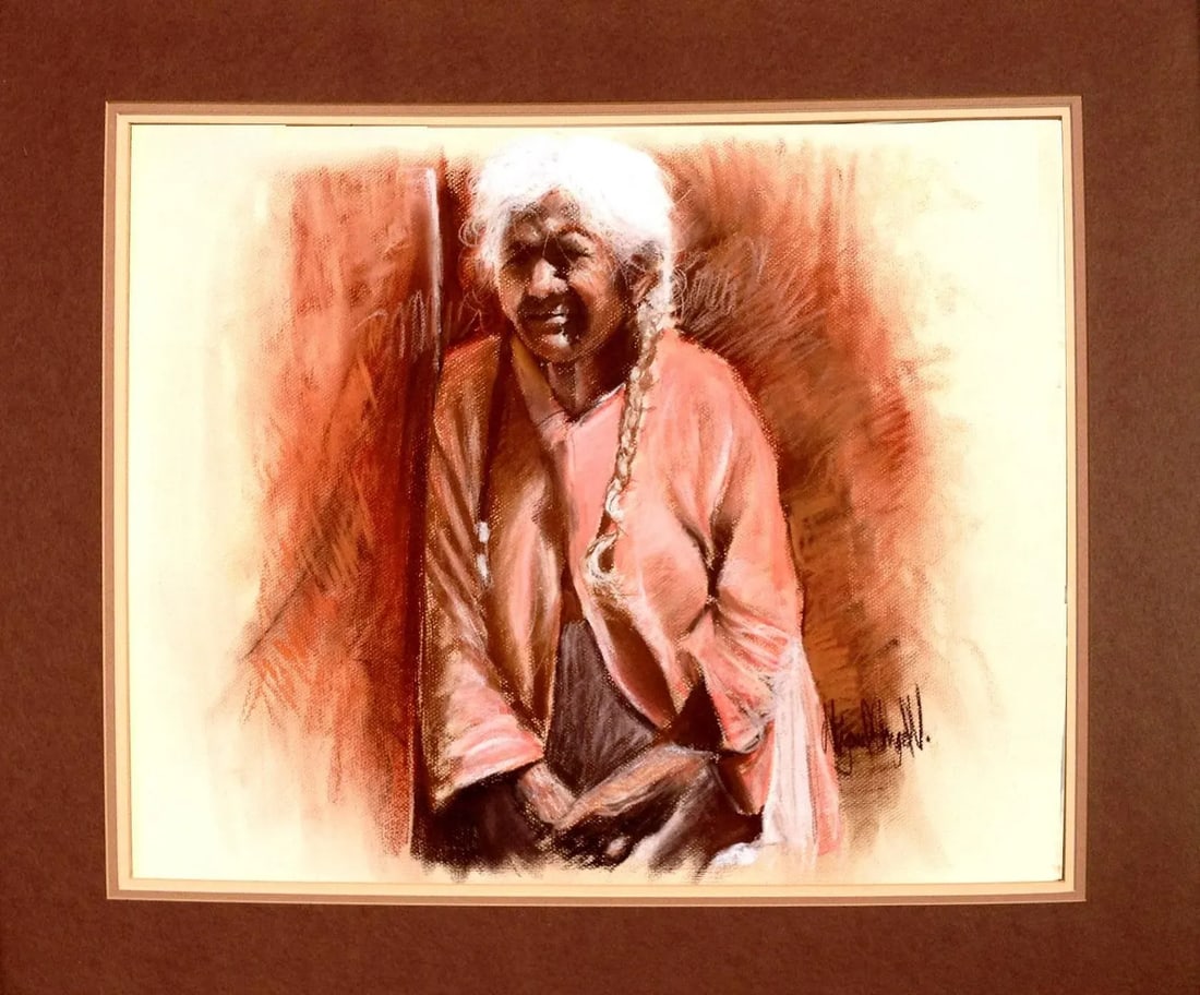 1993 "Dona Lupe" Pastel Portrait Drawing by Miguel Arguello: Pastel titled Dona Lupe by Miguel Arguello (Spain, 1941-2005), who was invited in 1978 by the University of Santa Cruz, California to teach as an artist in residence. In 1993 he embarked on an