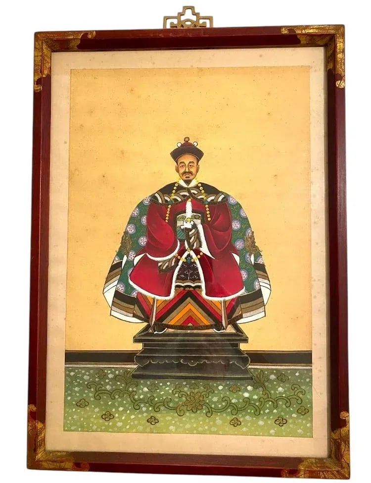 Antique Pair of Hand Painted Qing Dynasty Portraits of Man & Woman on Silk & Framed Under Glass - 3