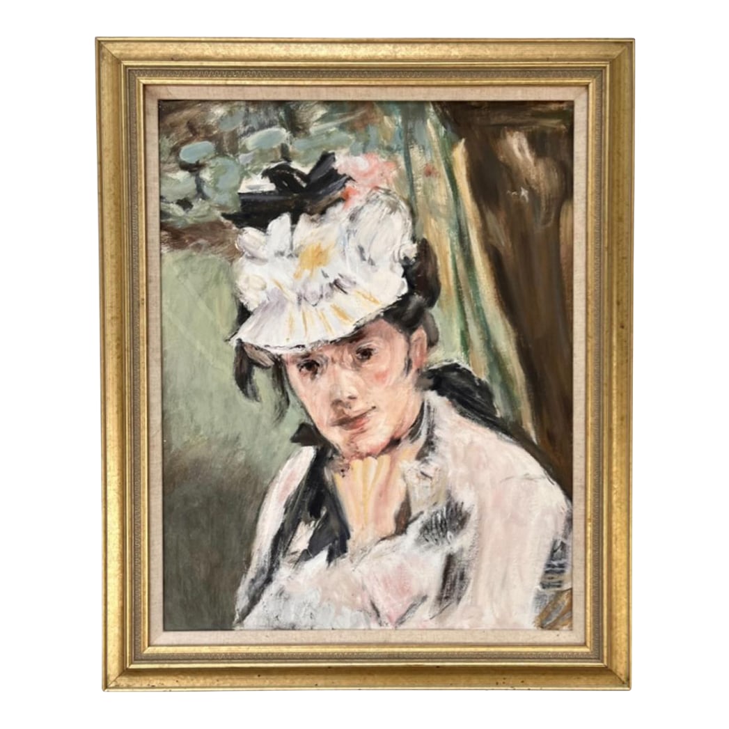 Mid-Century Portrait Painting Oil on Canvas After Edouard Manet: Mid-Century Portrait Painting Oil on Canvas after Edouard Manet Mid 20th century portrait after the painting, "The Monet family in their garden at Argentuile" by Edouard Manet. Painted in 1875. The