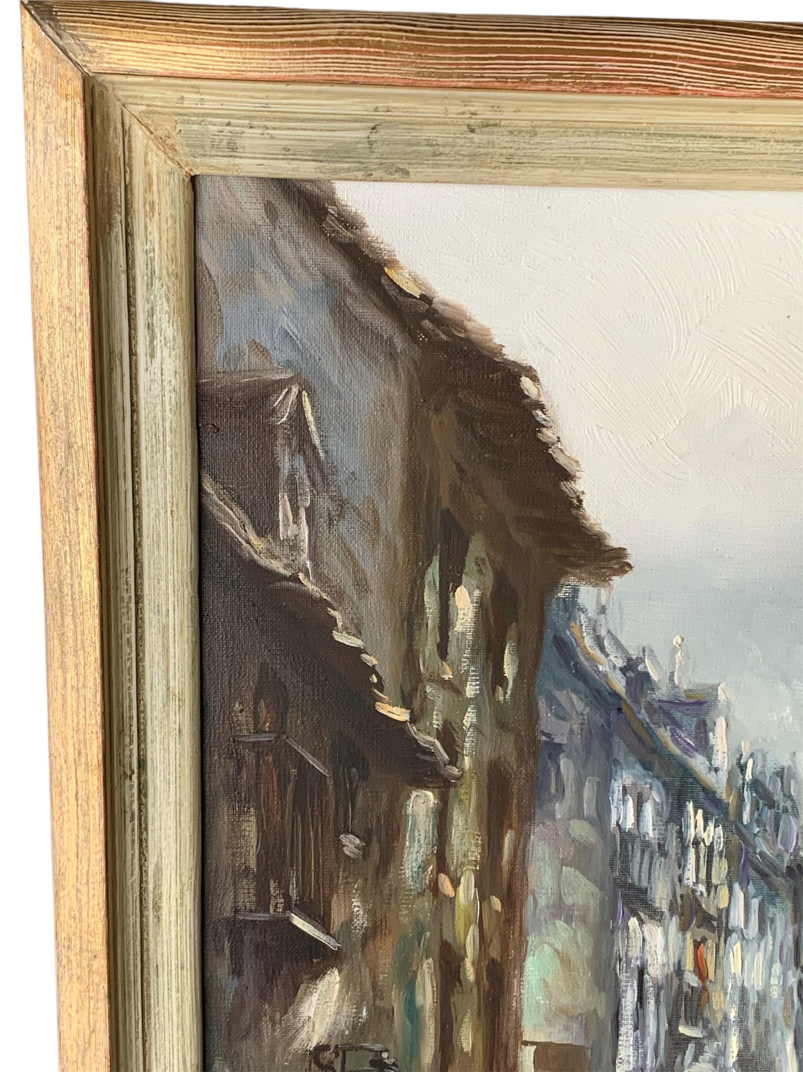 Mid 20th Century Harbor Scene With Coastal Houses and Boats Oil Painting Picture, Framed - 2