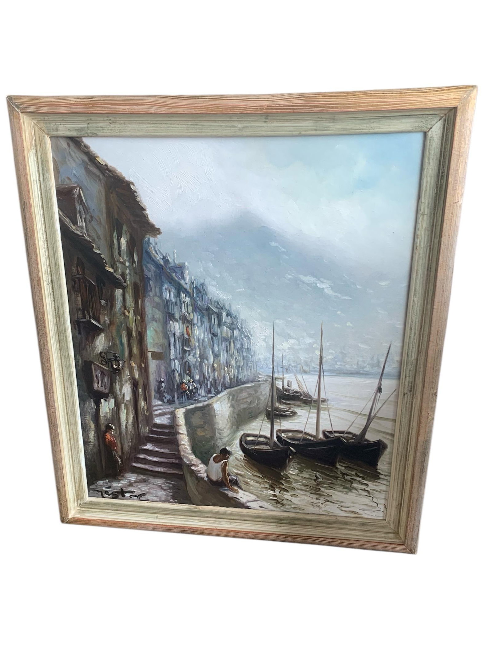 Mid 20th Century Harbor Scene With Coastal Houses and Boats Oil Painting Picture, Framed - 5
