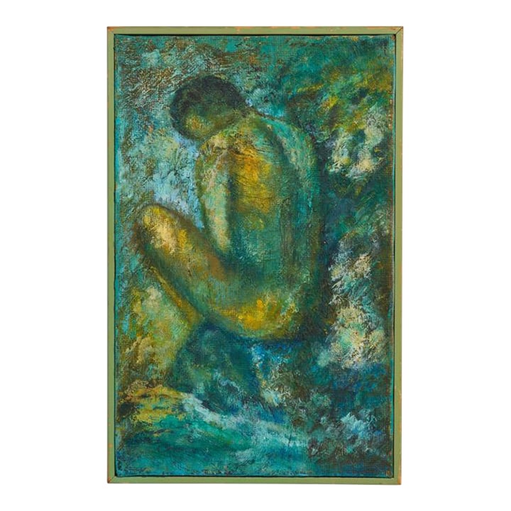 Mid-Century Vintage Original Impasto Oil Painting of Seated Nude Figure, Signed: A highly textured original oil painting of a nude male figure seated in a meditative pose, rendered in rich impasto strokes. The palette is dominated by deep greens, blues, and golds, creating depth