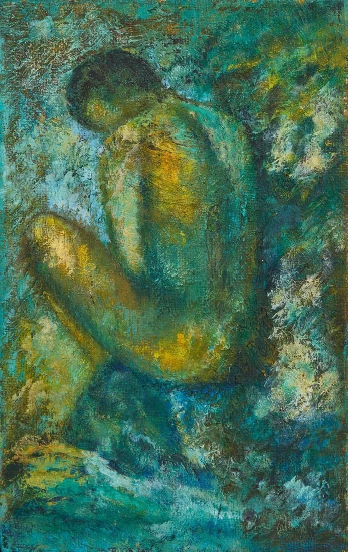 Mid-Century Vintage Original Impasto Oil Painting of Seated Nude Figure, Signed - 3
