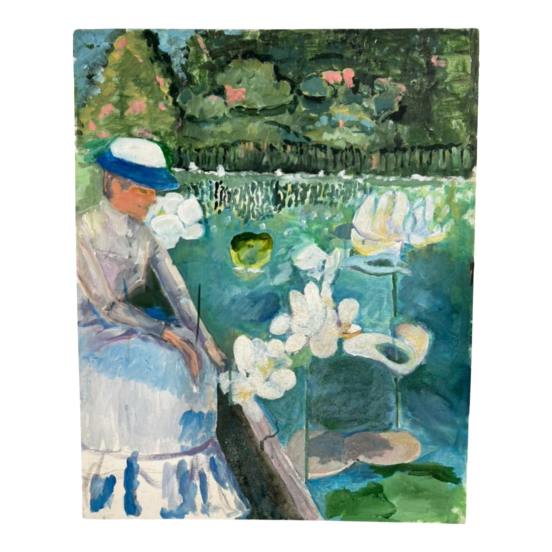 Impressionist Painting of Lady at Lily Pond, Unframed: This painting is a vibrant, impressionistic work that captures a serene garden moment by a lily pond. The composition features a seated figure in the foreground, dressed in a pale blue and white