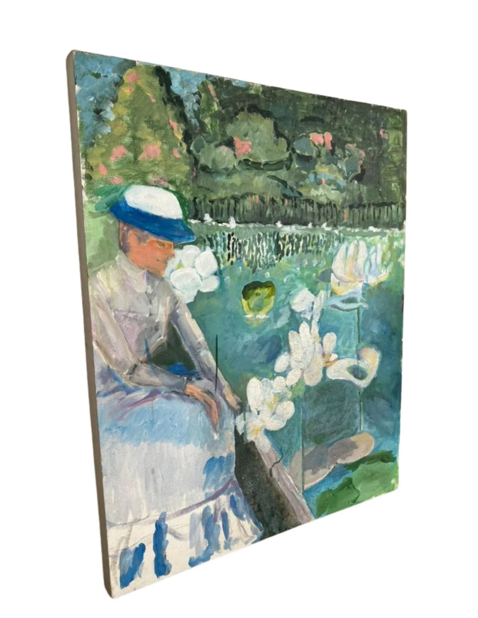 Impressionist Painting of Lady at Lily Pond, Unframed - 2