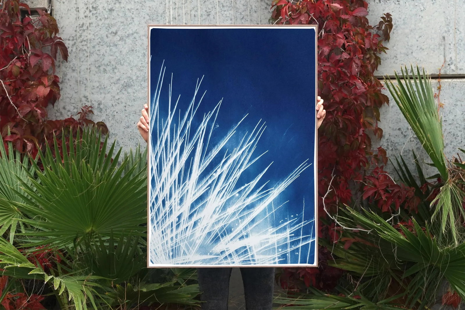 Handmade Cyanotype Print of Abstract Nighttime Fireworks Flaring - 6