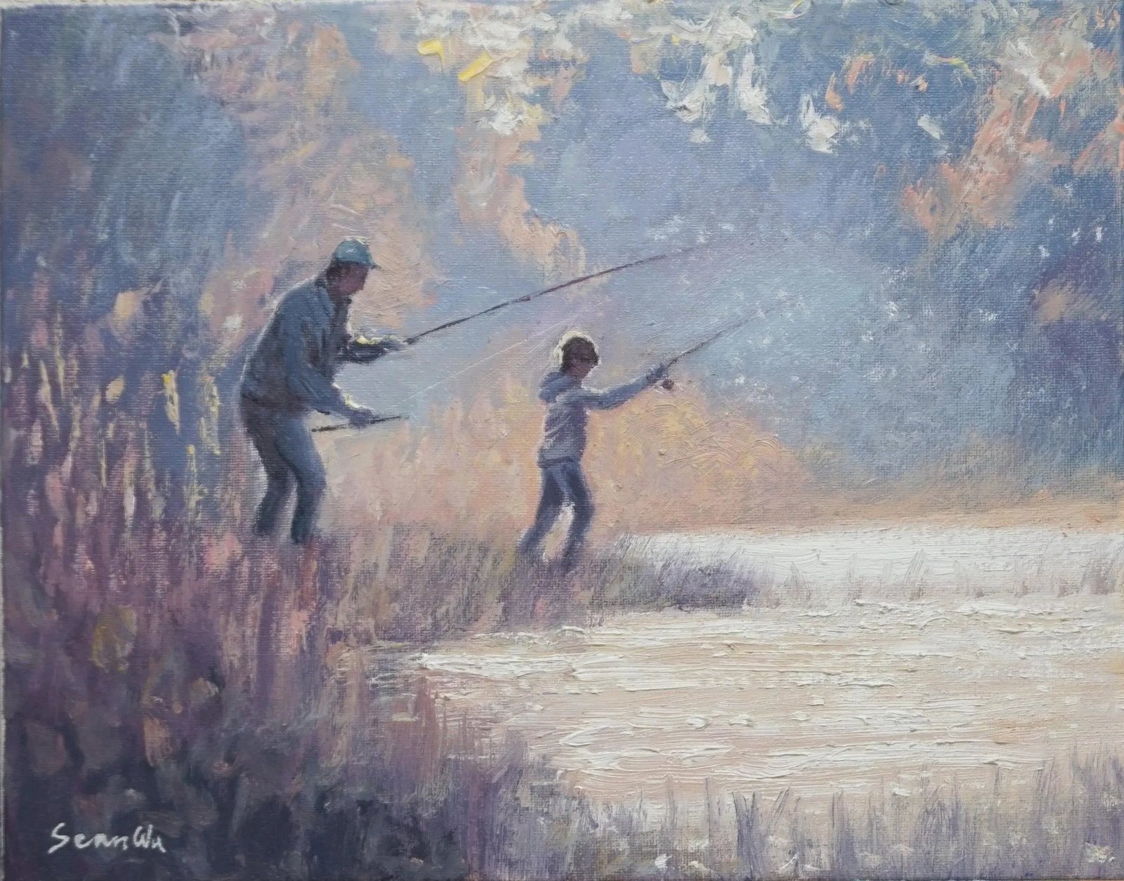 Original Oil Painting of Fishing: Original oil painting by Sean Wu, Father and son fishing by the pond Condition: Imperfections: No Imperfections Origin: United States Materials & Techniques: Oil Paint Winning bidders will be