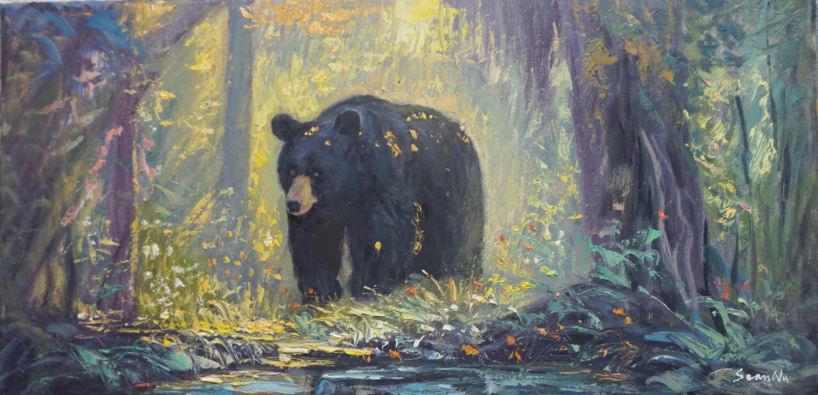 Original Impressionist Oil Painting, Bear: Original oil painting by Sean Wu, A black bear by the water Condition: Imperfections: No Imperfections Origin: United States Materials & Techniques: Oil Paint Winning bidders will be c