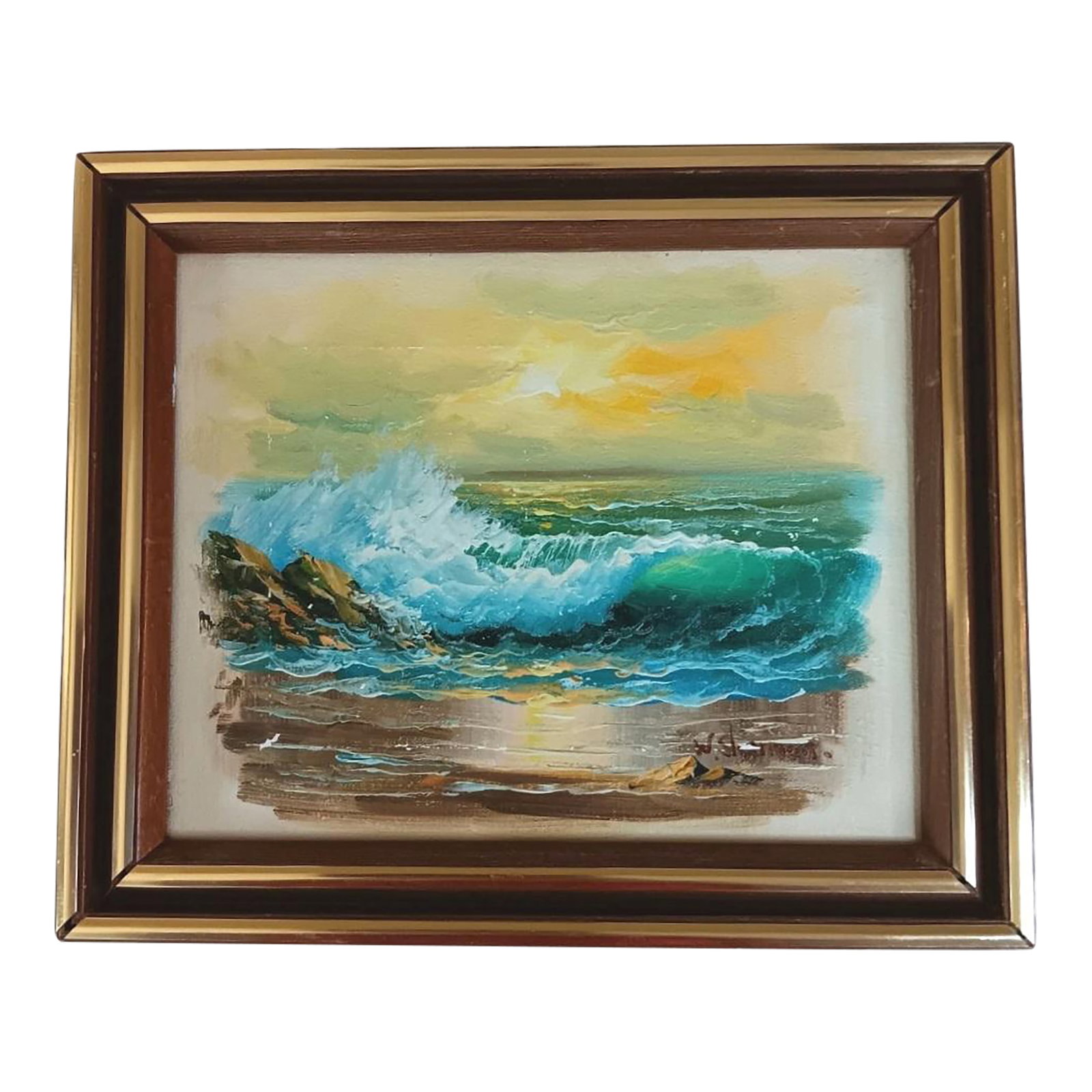 Vintage W Sherman Original Oil Painting Beach Rocky Waves Sunset Framed & Signed: VTG W Sherman Original Oil Painting Beach Rocky Waves Sunset Framed & Signed Approximately 12" x 10" x 1.25" Weighs approximately 1 lb Good vintage condition. Has some wear. See photos. Condition: