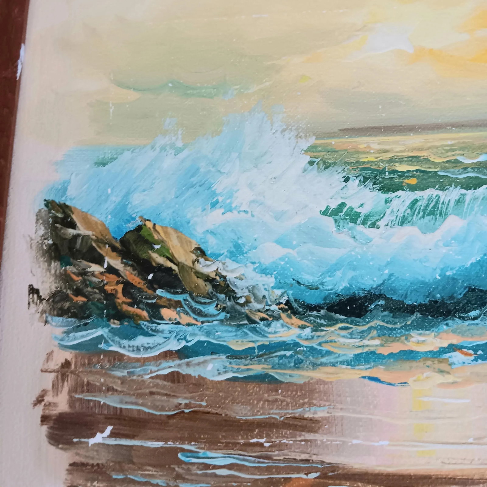 Vintage W Sherman Original Oil Painting Beach Rocky Waves Sunset Framed & Signed - 7