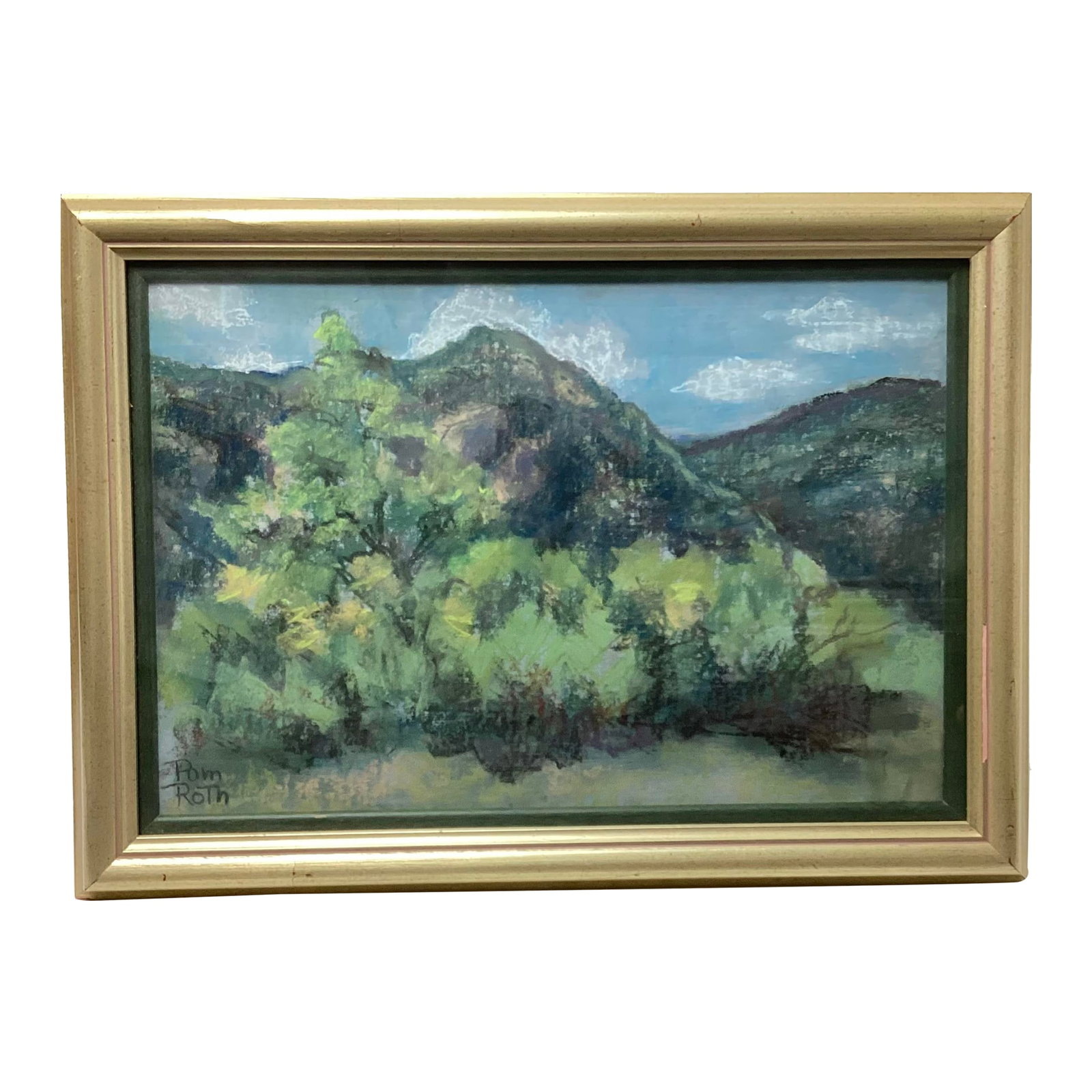 1980s Abstract Pam Roth "Purple Hill" Signed Pastel Landscape Framed: Abstract Pam Roth "Purple Hill" Signed Pastel Landscape Framed. 17 1/2" by 12 1/2" tall. This piece is in great age-appropriate condition frame has a little bit of damage to it from age and use