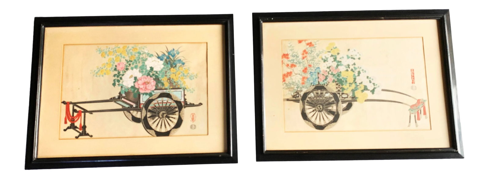 Vintage Framed and Signed Original Kin-U Takeshita Flower Cart Woodblock Prints: Spring and Autumn -: Vintage pair of framed original Kin-u Takeshita flower cart woodblock prints. This set of two are first edition pieces from the 1930's series by Takeshita where flower carts from different seasons are