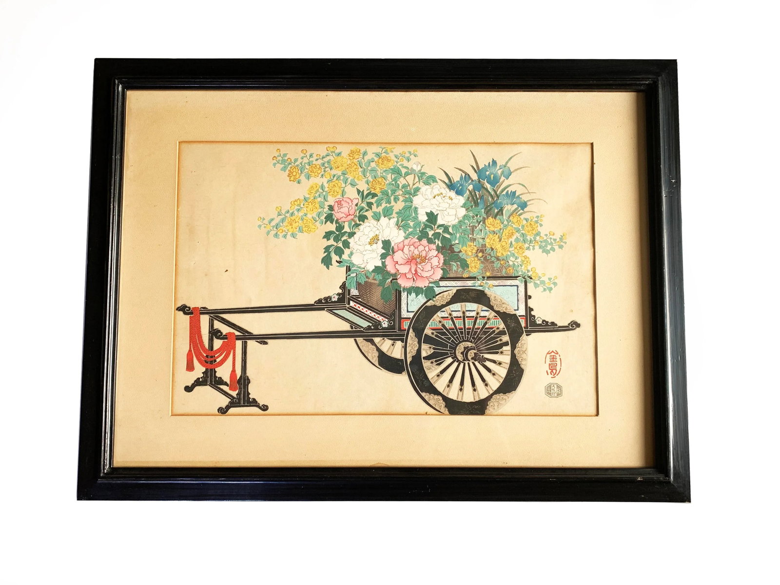 Vintage Framed and Signed Original Kin-U Takeshita Flower Cart Woodblock Prints: Spring and Autumn - - 2