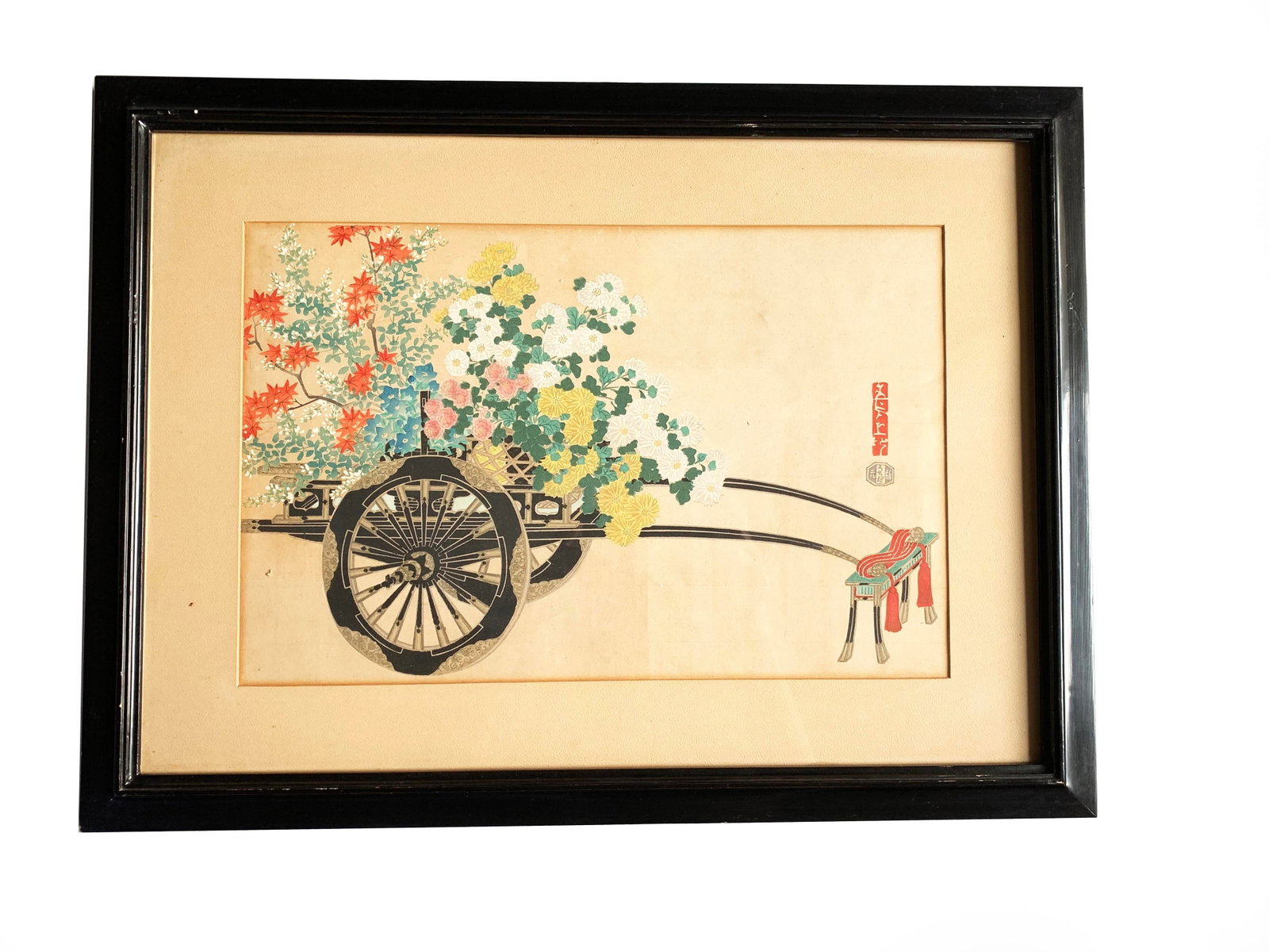 Vintage Framed and Signed Original Kin-U Takeshita Flower Cart Woodblock Prints: Spring and Autumn - - 3