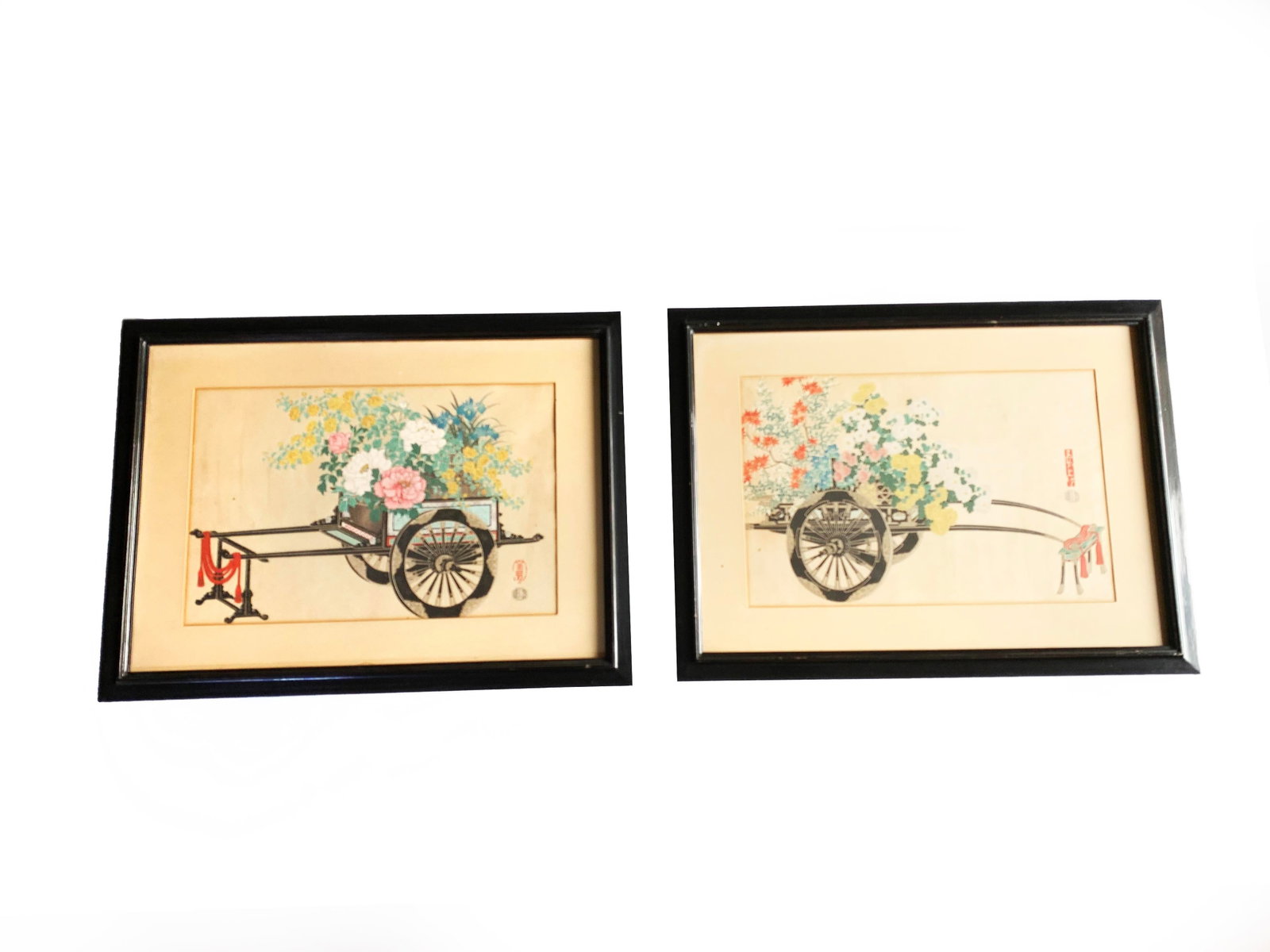 Vintage Framed and Signed Original Kin-U Takeshita Flower Cart Woodblock Prints: Spring and Autumn - - 5