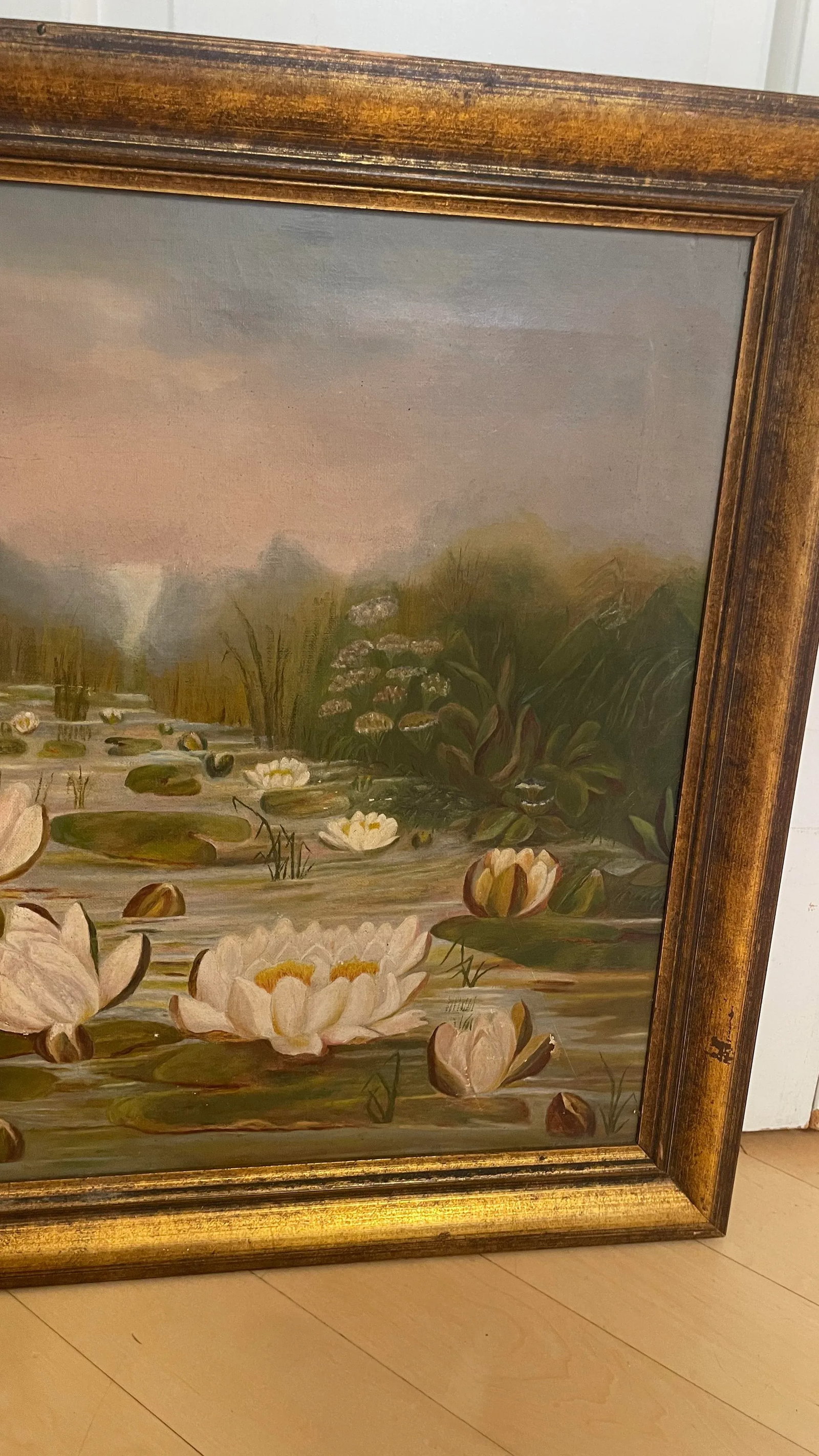 1980s Vintage Framed Impressionist Water Lilies Oil Painting - 10