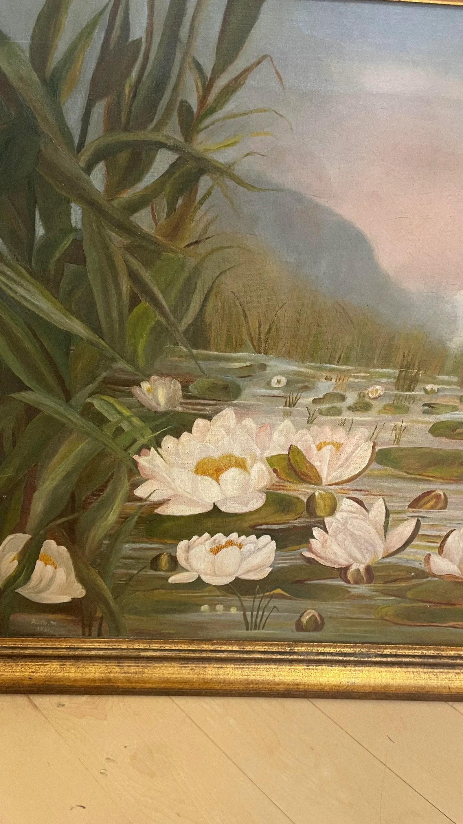1980s Vintage Framed Impressionist Water Lilies Oil Painting - 11