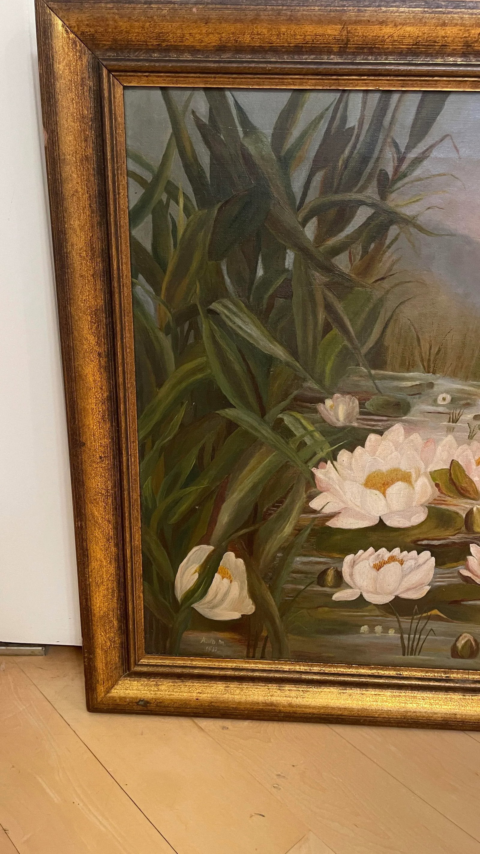 1980s Vintage Framed Impressionist Water Lilies Oil Painting - 3
