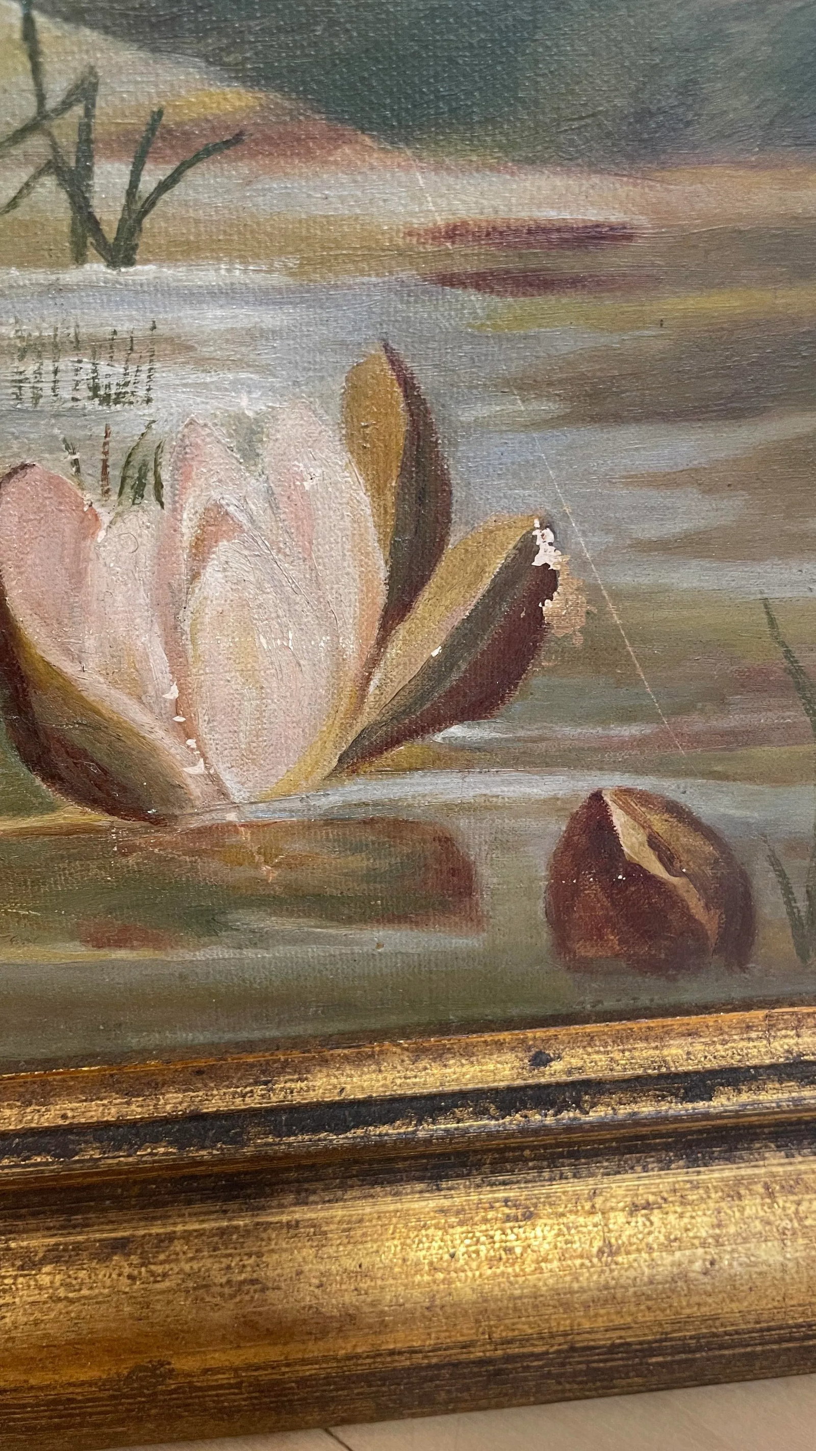 1980s Vintage Framed Impressionist Water Lilies Oil Painting - 4