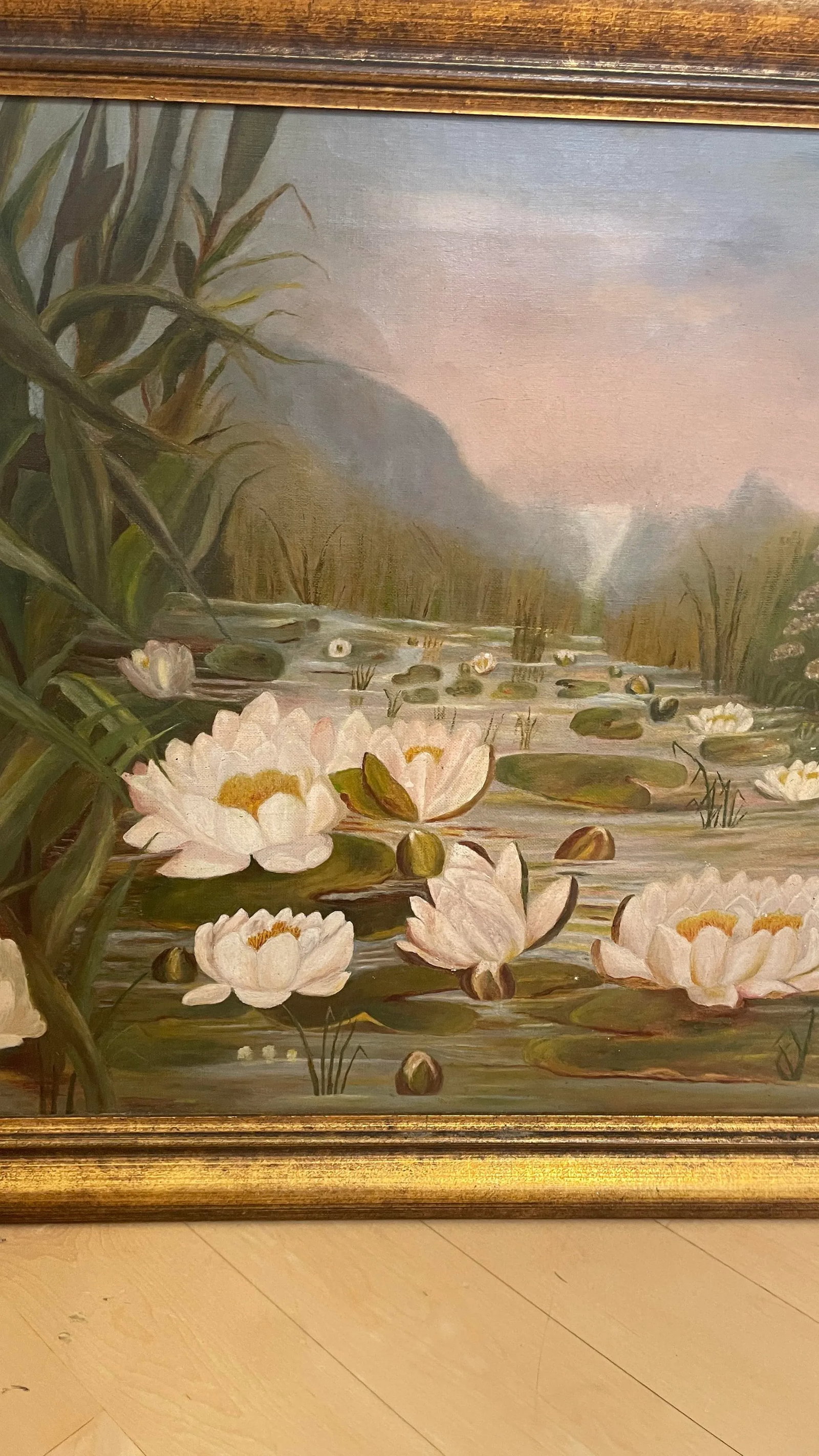 1980s Vintage Framed Impressionist Water Lilies Oil Painting - 7