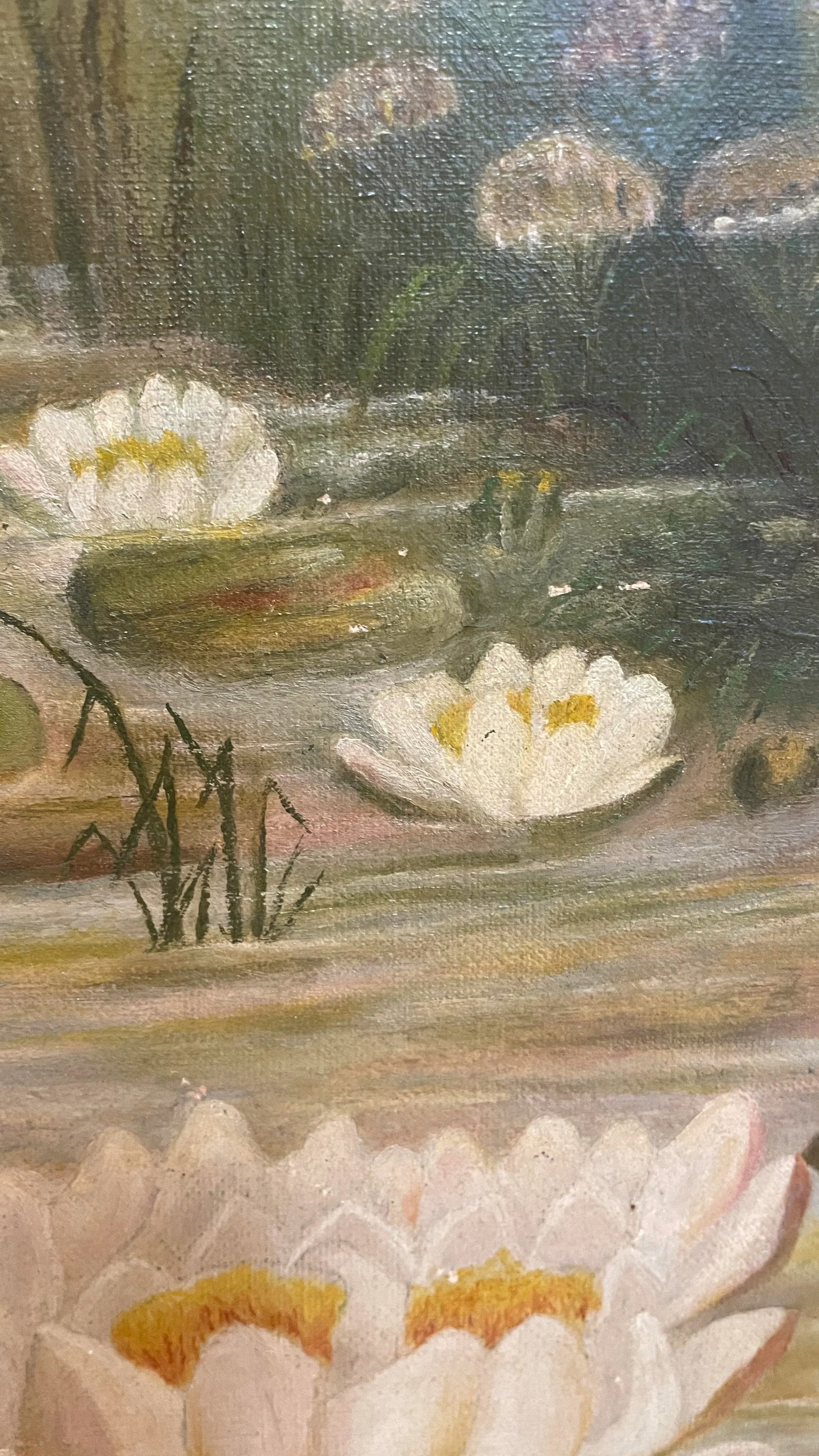 1980s Vintage Framed Impressionist Water Lilies Oil Painting - 9