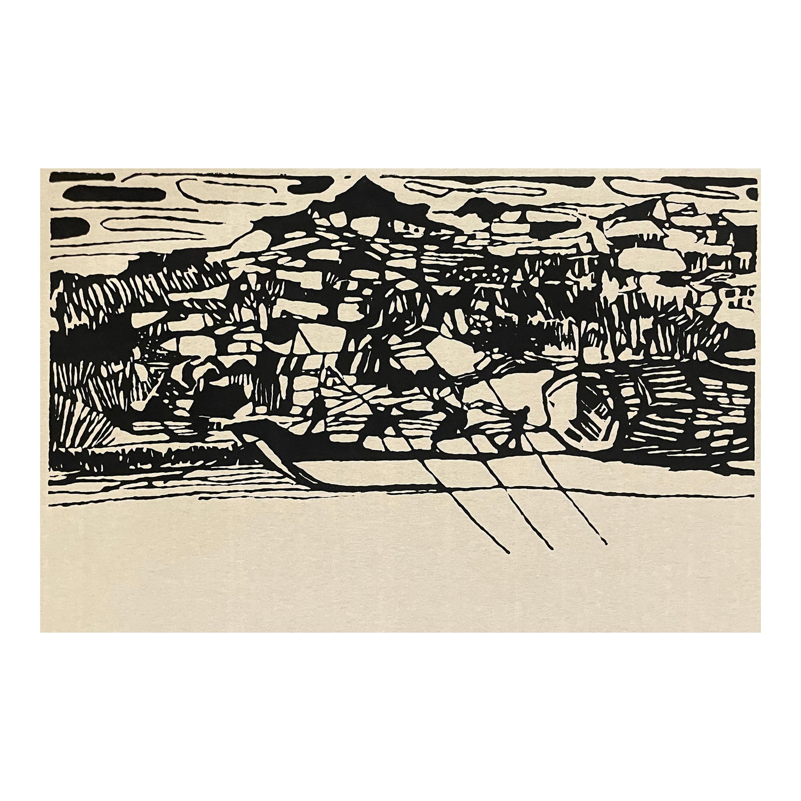 1967 Water Rowing Woodcut by Low: Artist's proof woodcut of a rocky shoreline with a boat. Signed "Low" and titled "Water." Date 1967 Condition: Alterations: Original Condition Unaltered Imperfections: Some Imperfections Condition