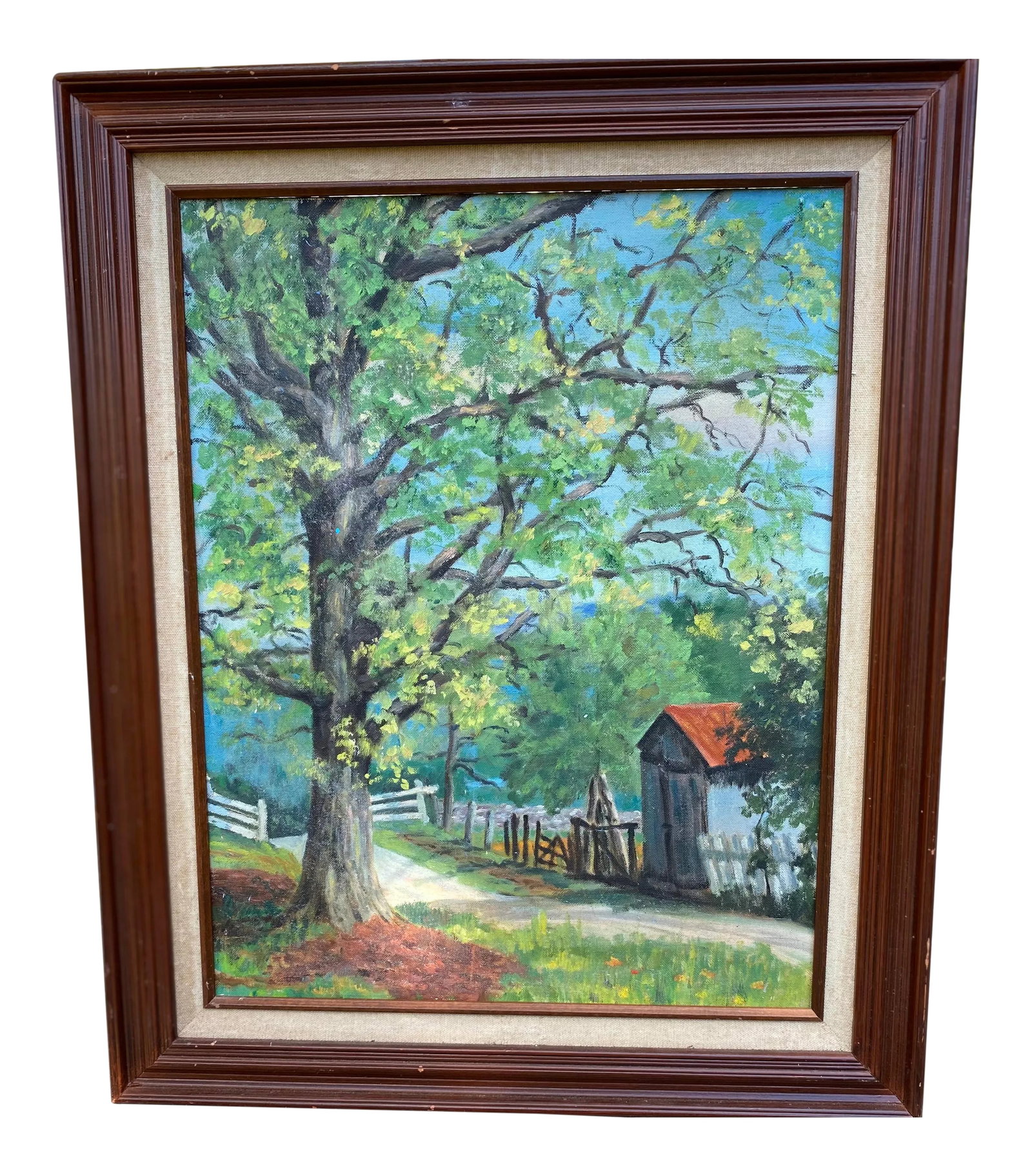 Mid 20th Century California Landscape Oil Painting by Edna Jones, Framed: Beautiful vintage landscape painting from California artist Edna Jones. Oil on panel measures 16" x 20". With original wood frame, measures 19" x 23". Signed on the back. Condition: Alterations: Origi