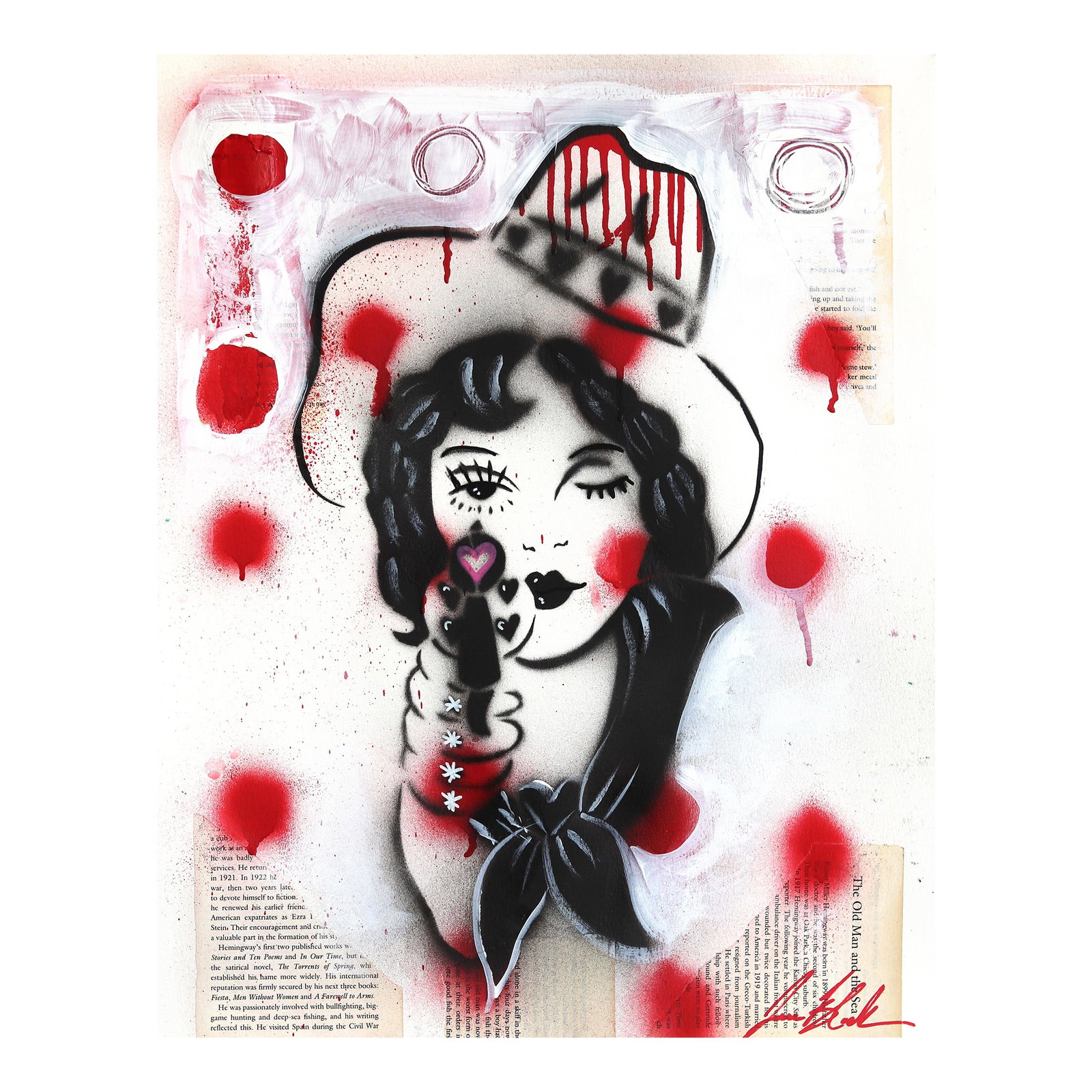 Revenge - Playful Figurative Pin Up Cowgirl Western Mixed Media Original Artwork by Jesse Black: Jesse's imagery often merges playful and gritty elements, blending floral patterns, vintage-inspired designs, and bold outlines with a touch of whimsy. His artwork exudes a sense of storytelling,