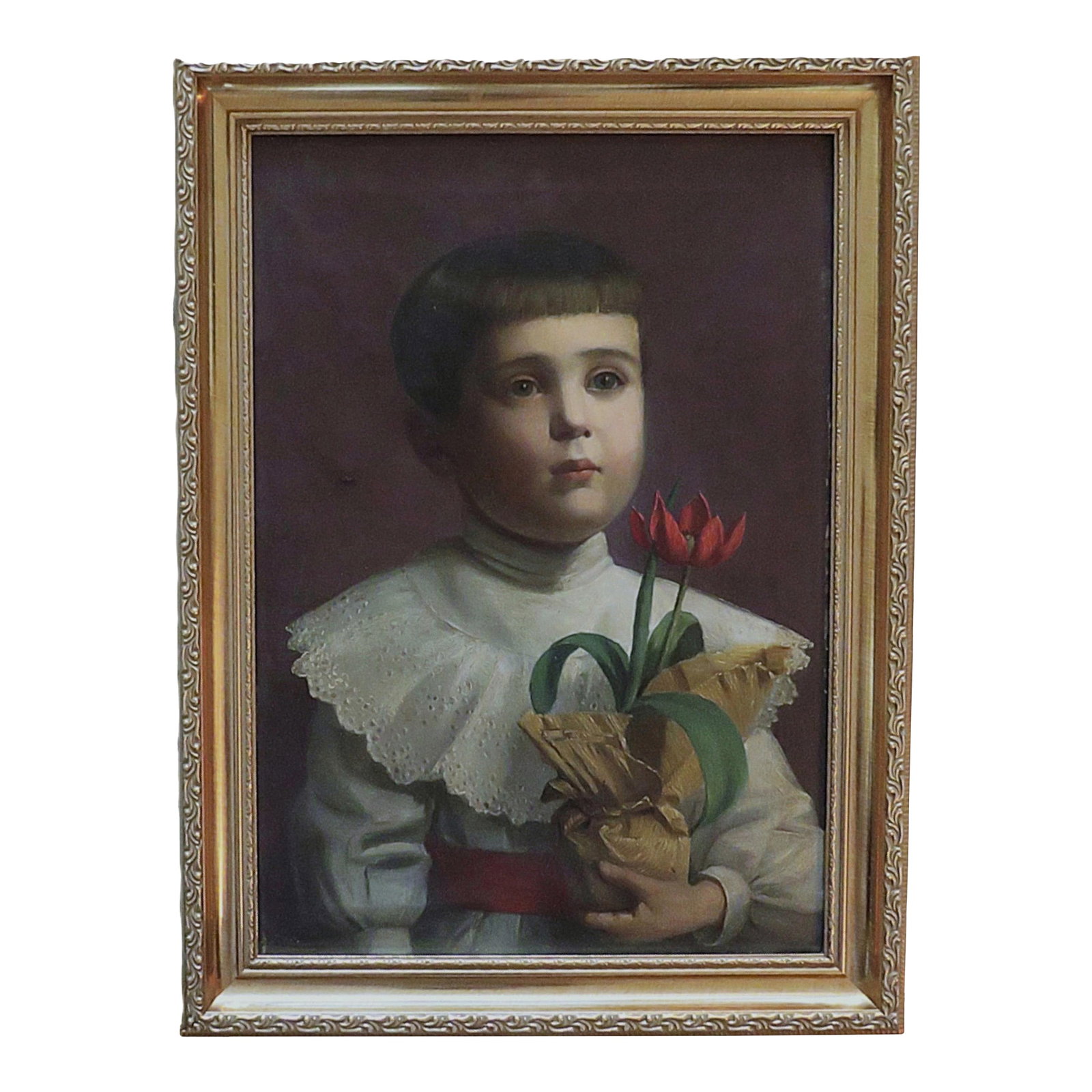 19th C. Portrait Oil Painting of a Young Boy Child American School Antique Victorian: FREE SHIPPING ANYWHERE IN THE CONTINENTAL US! This is an antique portrait of a young boy. He's holding a pot of flowers, possibly tulips. I'd like to think they're a gift for his mother, although