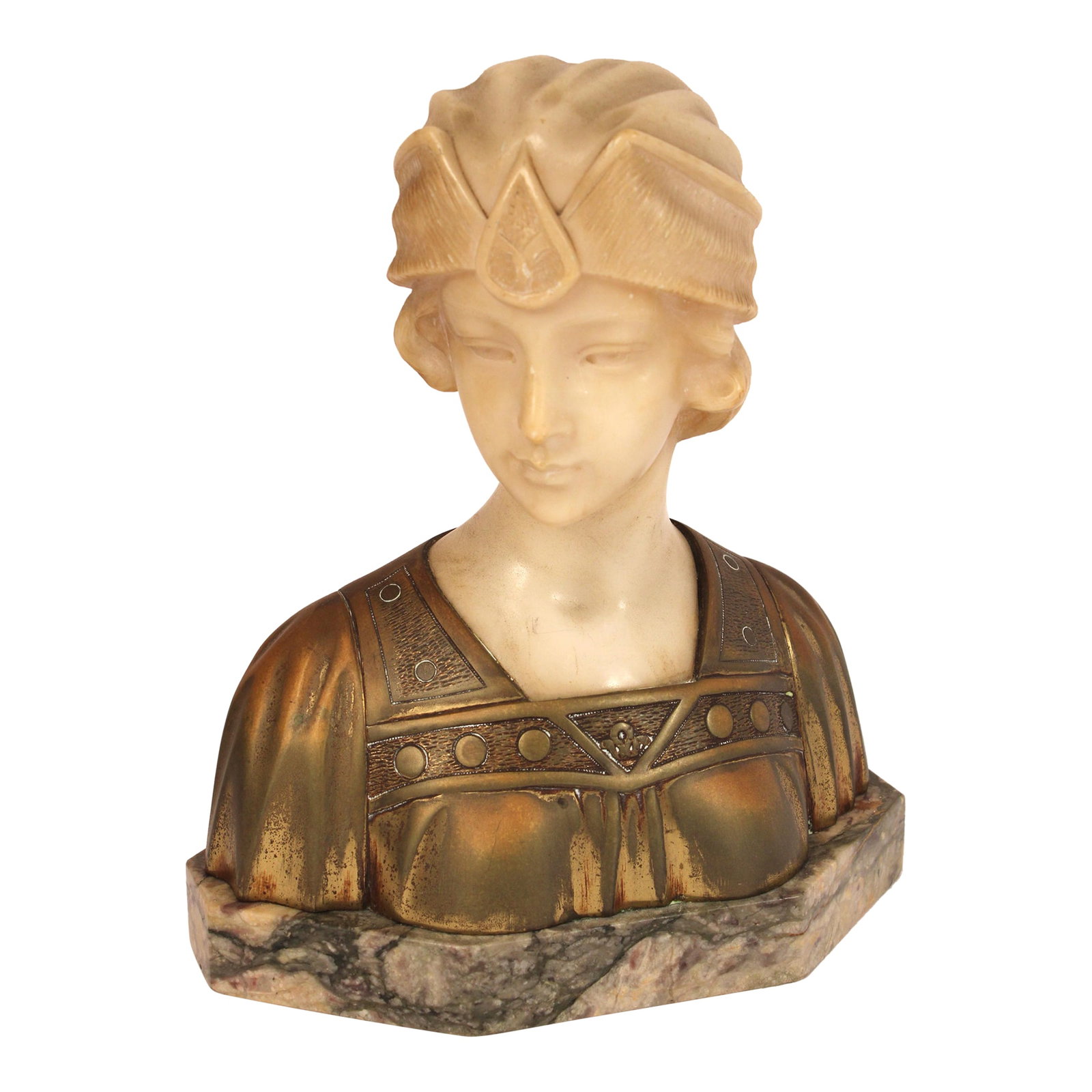 Alabaster and Bronze Sculpture by Georges Morin (1874-1950): Alabaster and bronze bust of a young girl resting on a marble plinth by Georges Morin (1874-1950, made circa 1920's. Condition: Alterations: Original Condition Unaltered Imperfections: Some Imperfecti