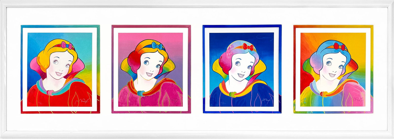Peter Max, Disney: Snow White Suite (Large Custom Framed Set of 4 Serigraphs): Set of 4 serigraphs in colors on paper. Each hand signed lower right by Peter Max. Each hand numbered 135/500 lower left (matching edition). Sheet size: 16 x 14 inches (each). Frame size: 30 x 84.75 i