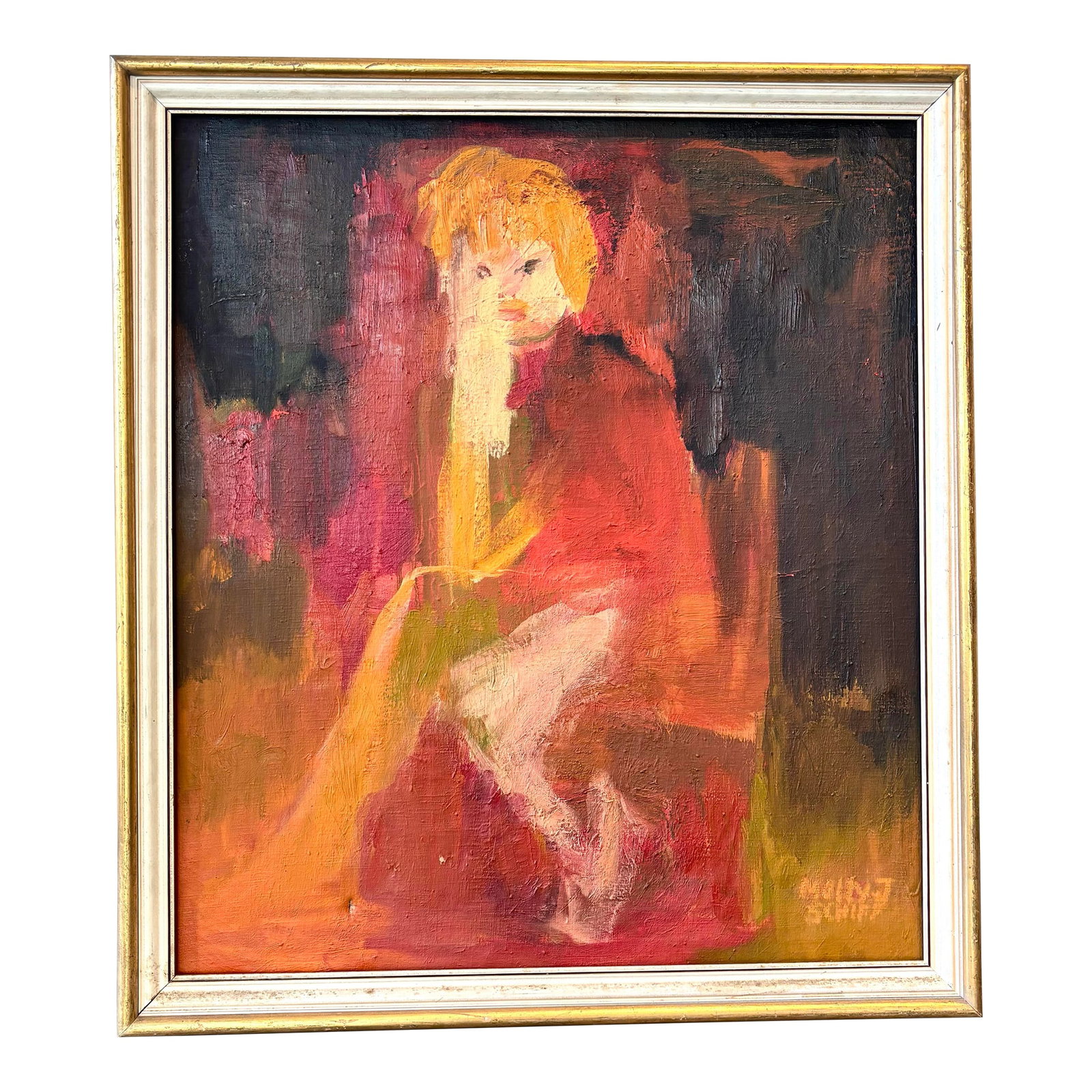 Vintage 60s Framed Oil Painting on Canvas of Seated Figure by Molly Schiff: Gorgeous large framed oil painting featuring an abstracted sitting figure. "Molly Schiff is an artist because she made it so. Born in the Depression to an immigrant family on Chicago's West Side,