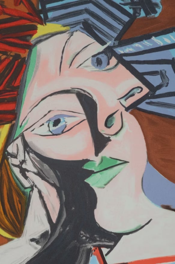 1980s Pablo Picasso "Femme Accoudee Au Drapeau Bleu Et Rouge" Framed Lithograph Limited Edition - 16