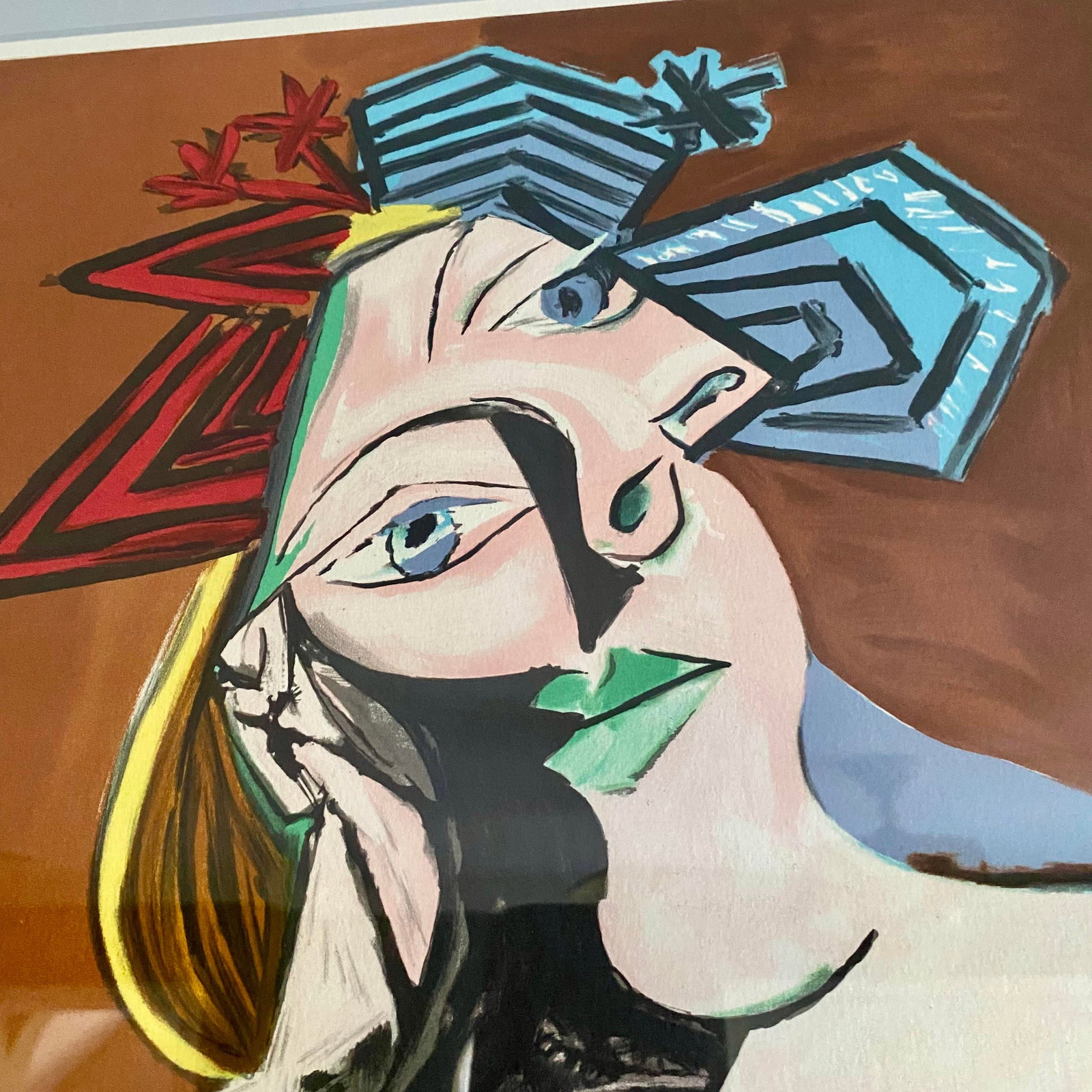 1980s Pablo Picasso "Femme Accoudee Au Drapeau Bleu Et Rouge" Framed Lithograph Limited Edition - 7