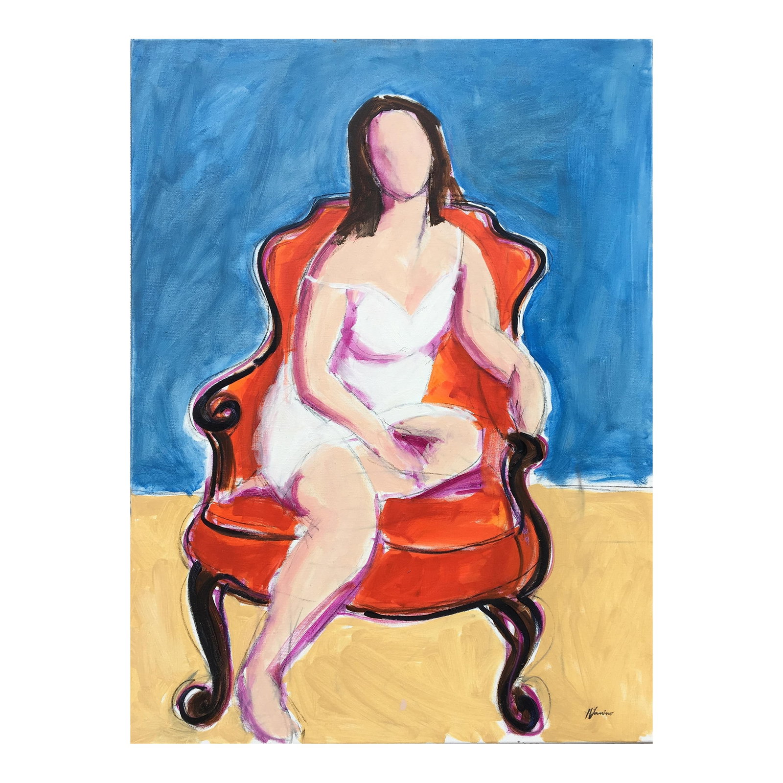 Seated Woman I, Oil on Canvas, Woman Seated Contemporary Painting: Portrait of a Woman Reclining - A quiet study of repose, capturing a woman at ease in her orange chair. Layers of oil on canvas reveal both presence and stillness, a moment suspended in time. Part of