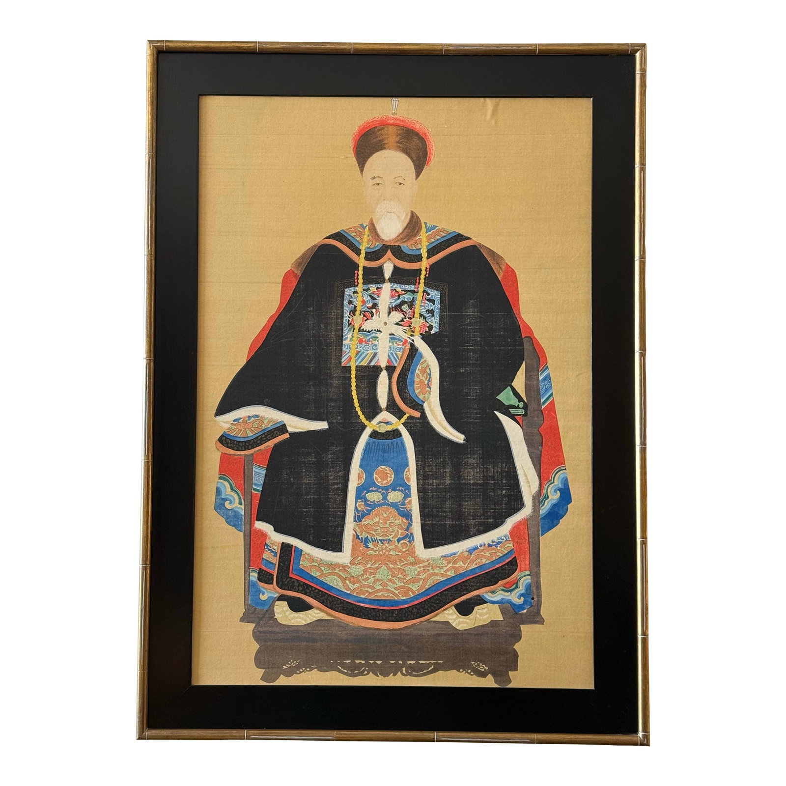 Antique 19th Century Large Framed Late Qing Dynasty Family Portrait: Antique family portrait of a first rank civil official during the Quing dynasty layered paint screen printed on silk. Was framed in a faux bamboo and black lacquer frame sometime in the mid century.